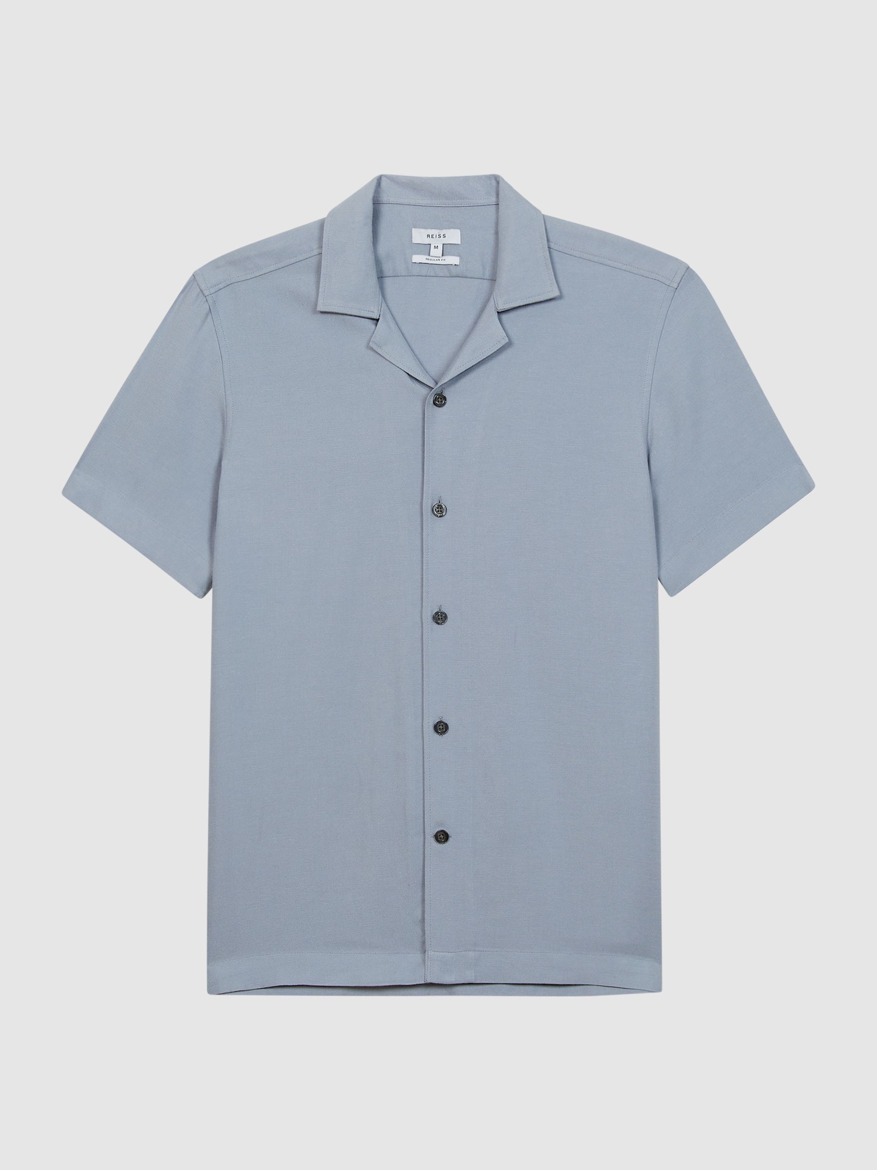 Linen Blend Cuban Collar Shirt in Airforce Blue - Image 2 of 6 Linen Blend Cuban Collar Shirt in Airforce Blue - Image 2 of 6