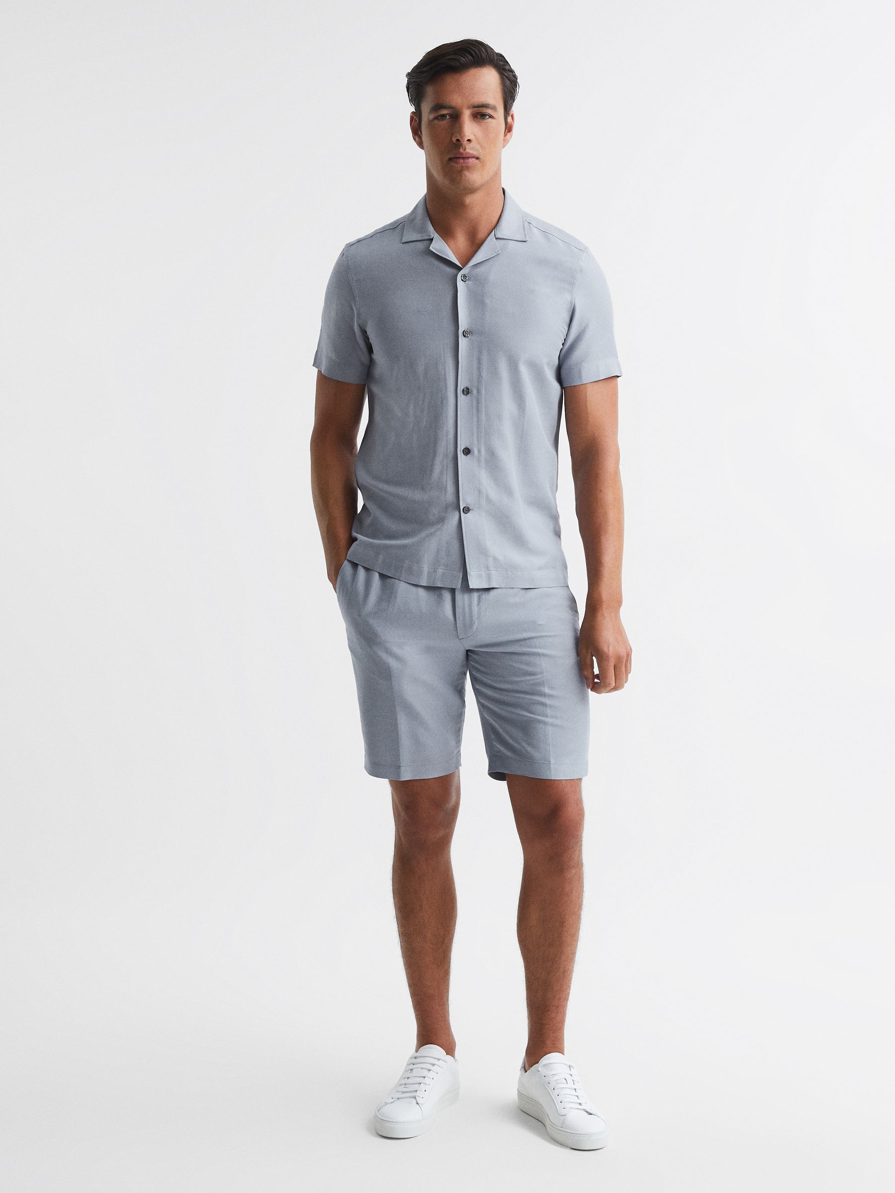 Linen Blend Cuban Collar Shirt in Airforce Blue - Image 3 of 6