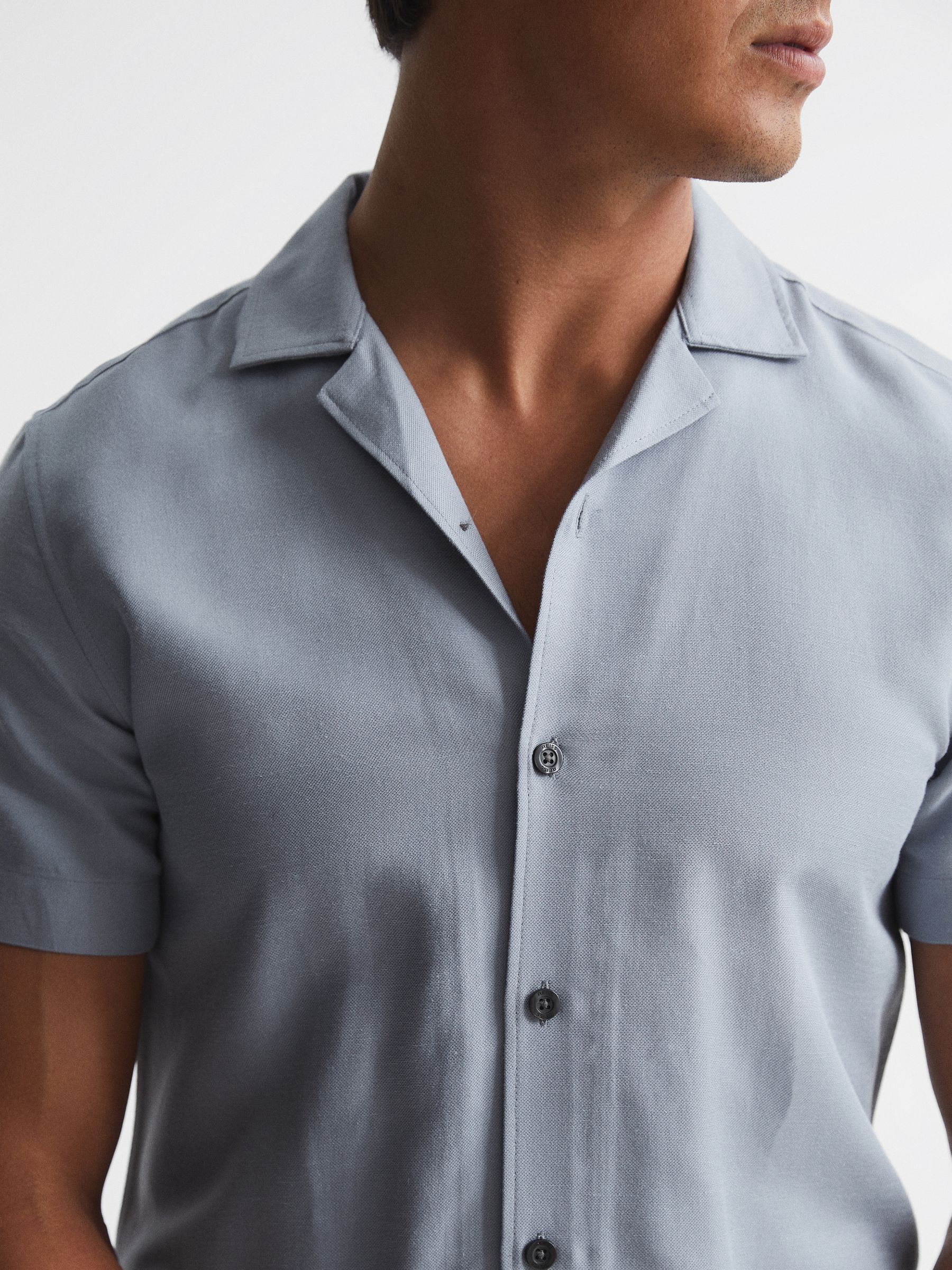 Linen Blend Cuban Collar Shirt in Airforce Blue - Image 4 of 6