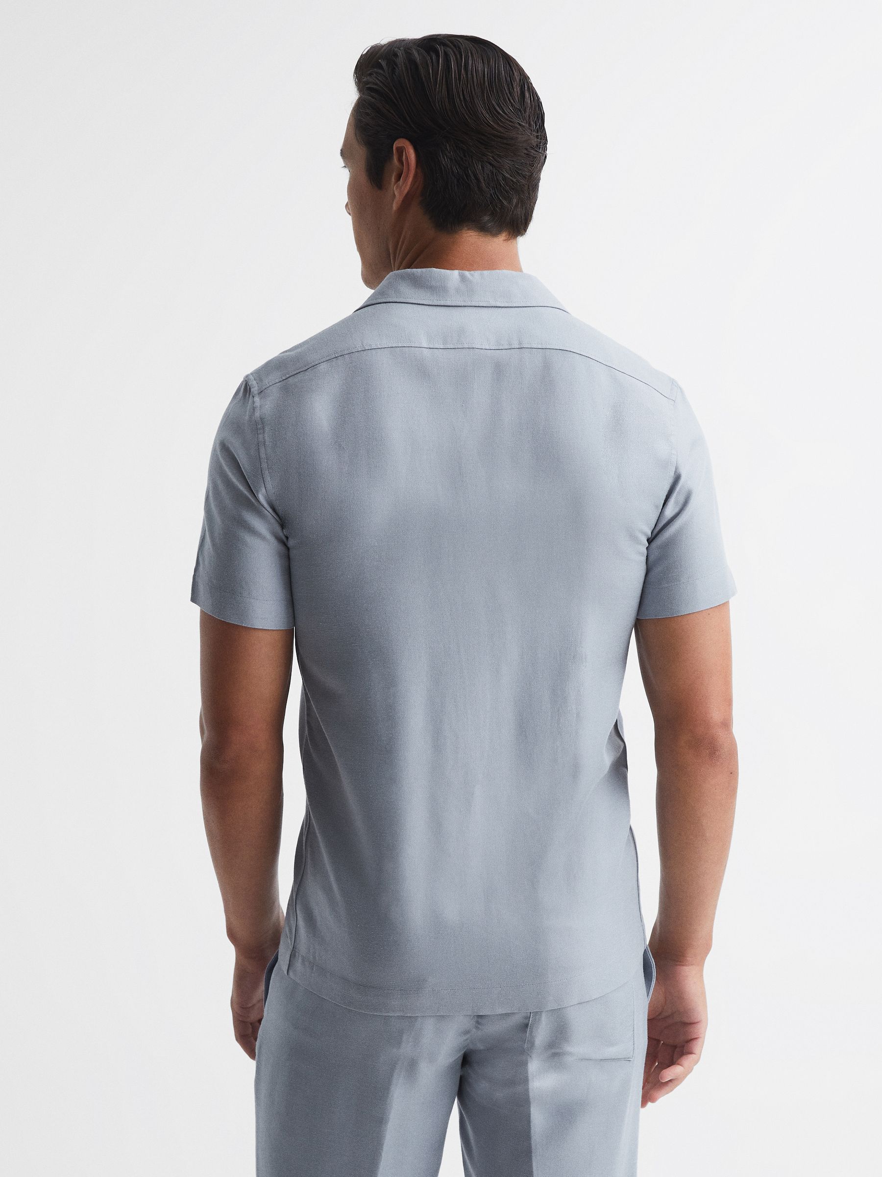 Linen Blend Cuban Collar Shirt in Airforce Blue - Image 5 of 6