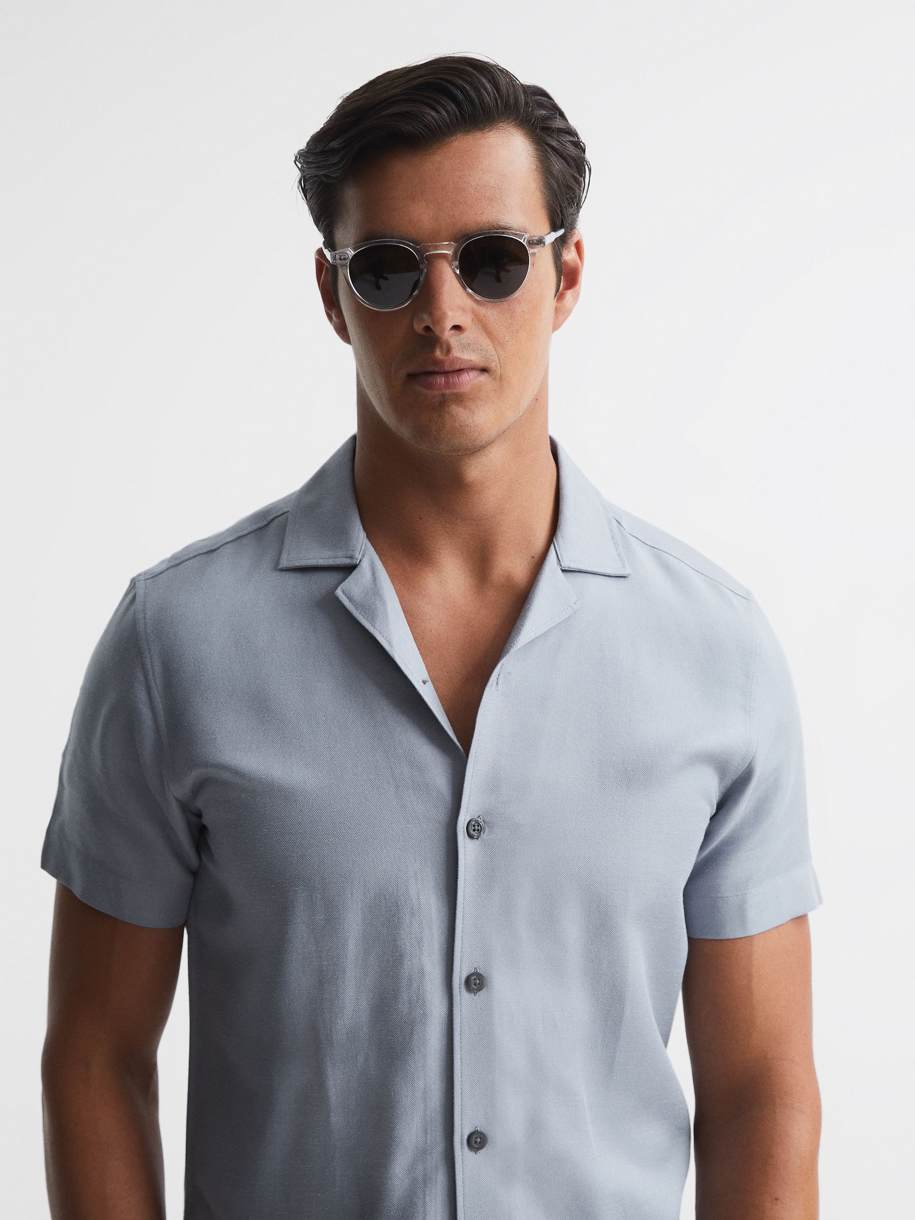 Linen Blend Cuban Collar Shirt in Airforce Blue - Image 6 of 6