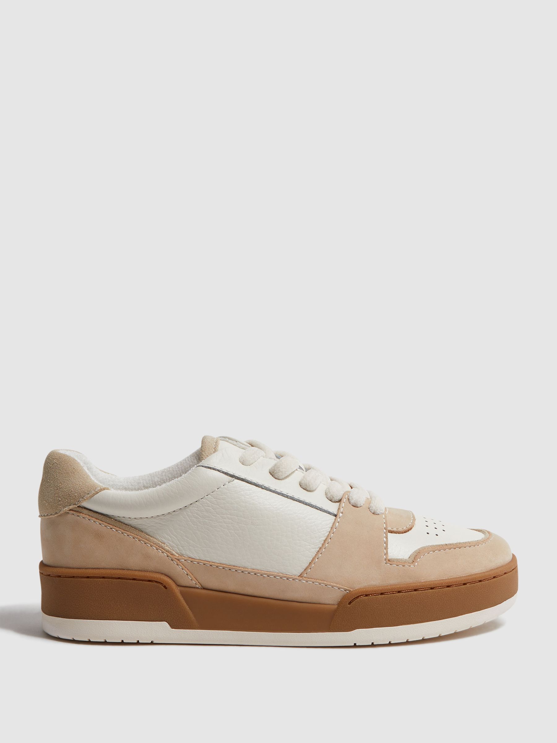 Leather Suede Low Cut Trainers in Taupe - Image 1 of 5