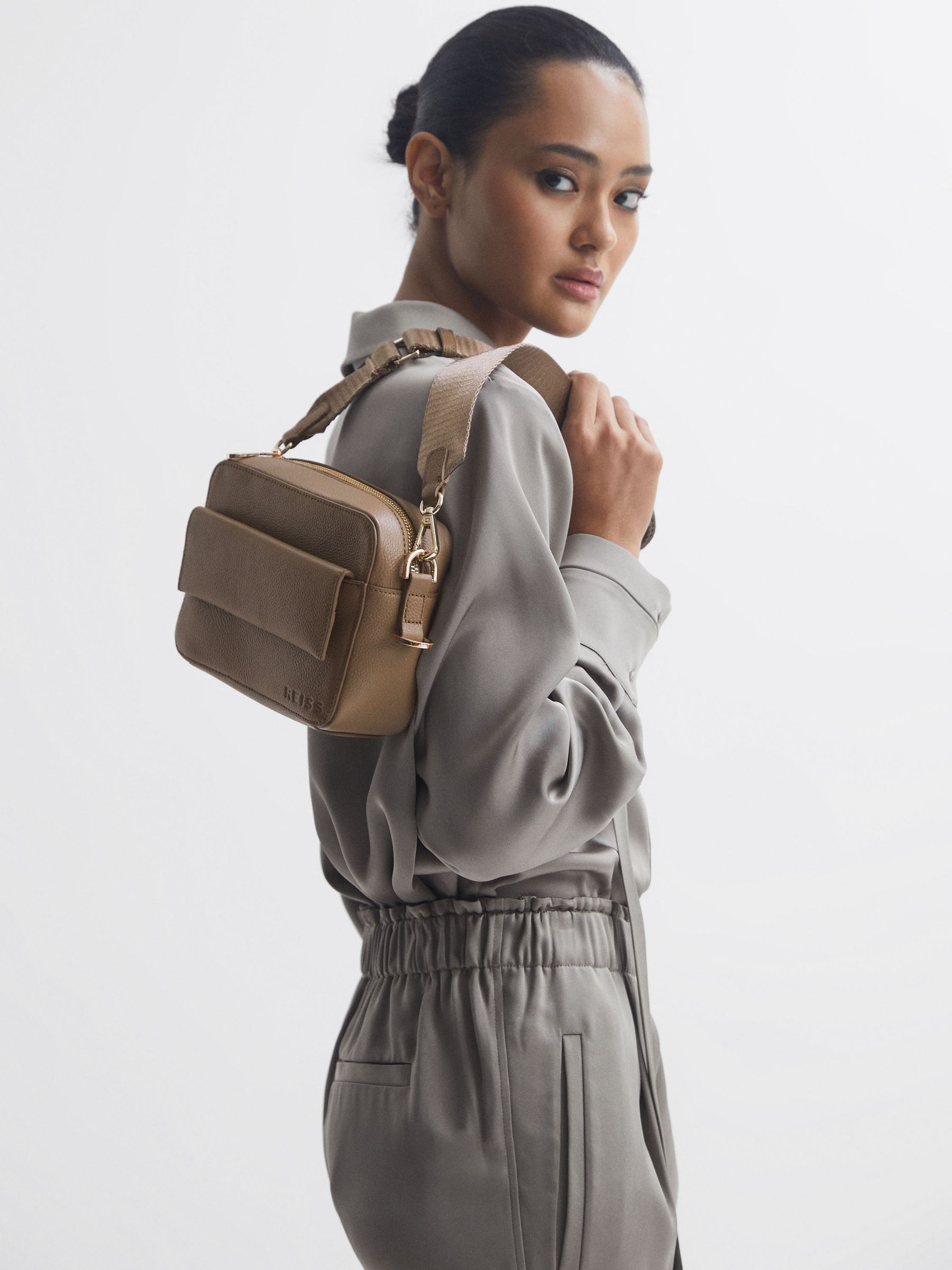Leather Crossbody Bag in Taupe - Image 8 of 9