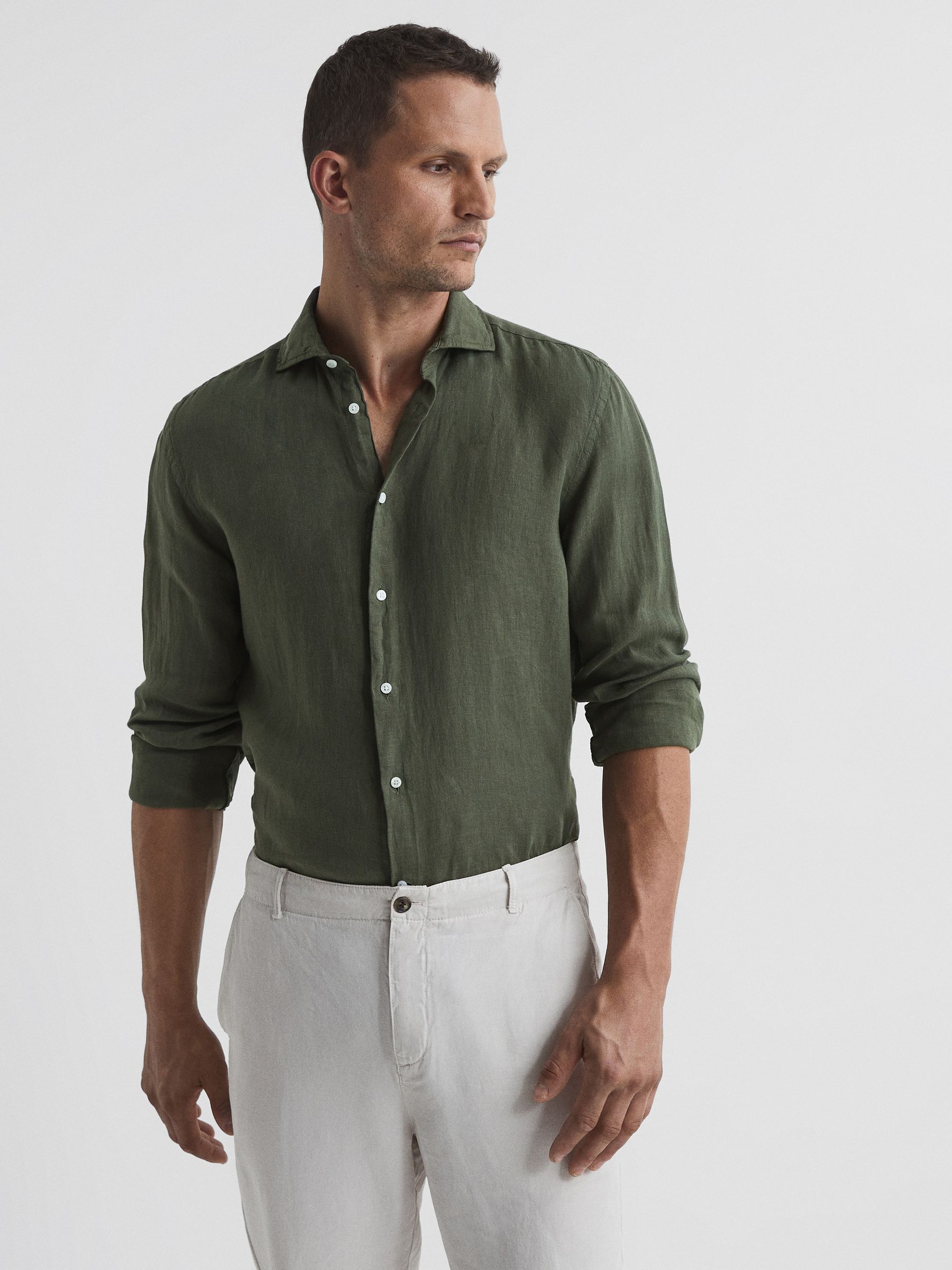 Linen Button-Through Shirt in Olive - Image 1 of 7