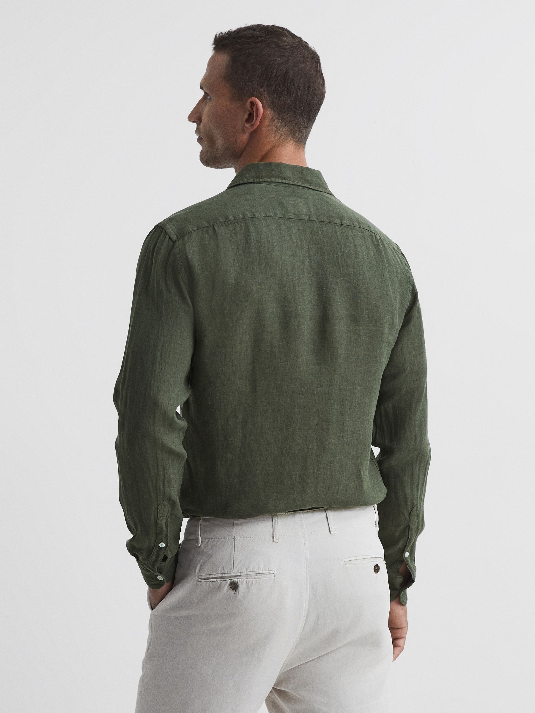 Linen Button-Through Shirt in Olive - Image 5 of 7