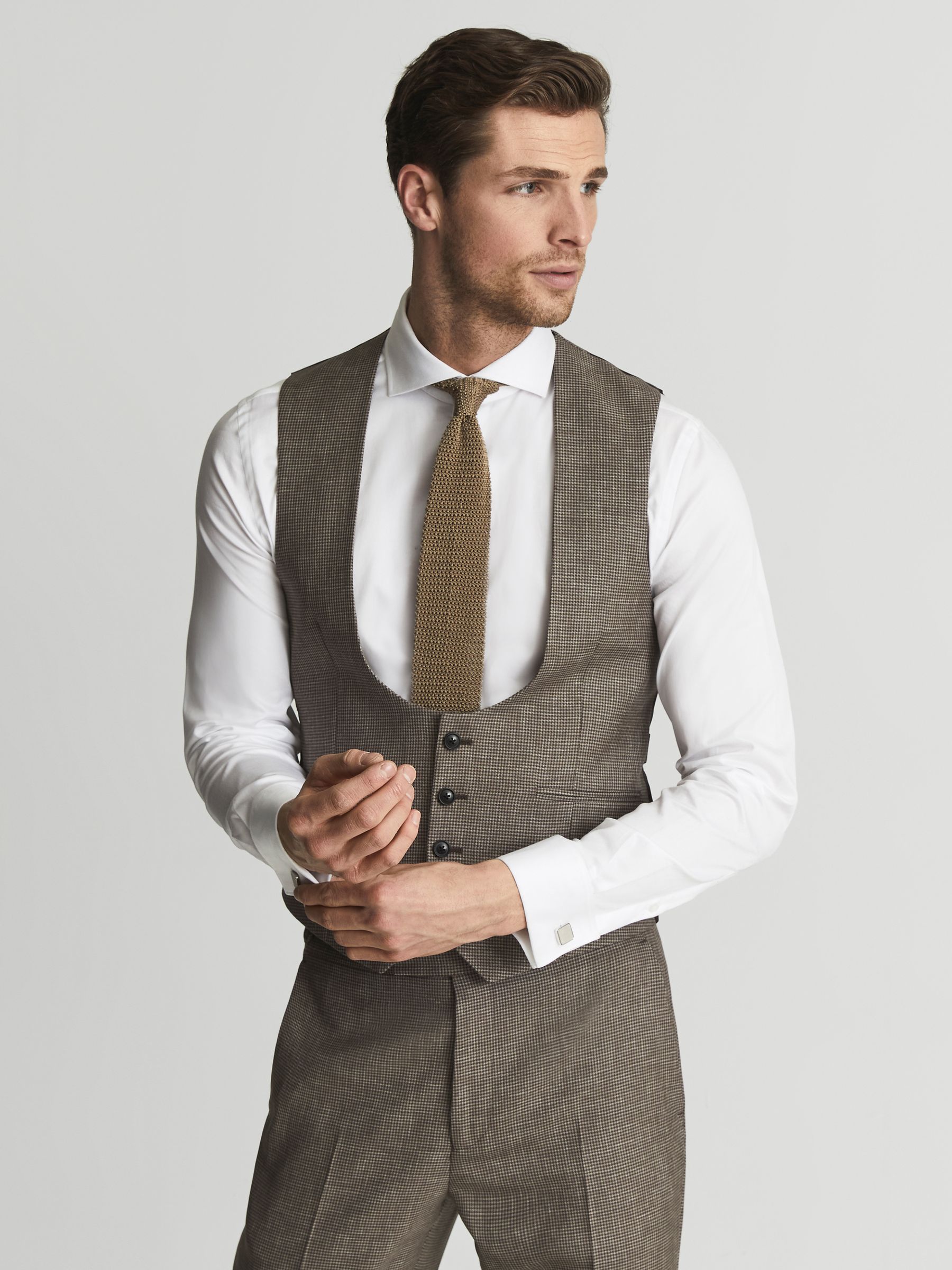 Dome Brown Horseshoe Puppytooth Slim Fit Waistcoat - Image 1 of 4