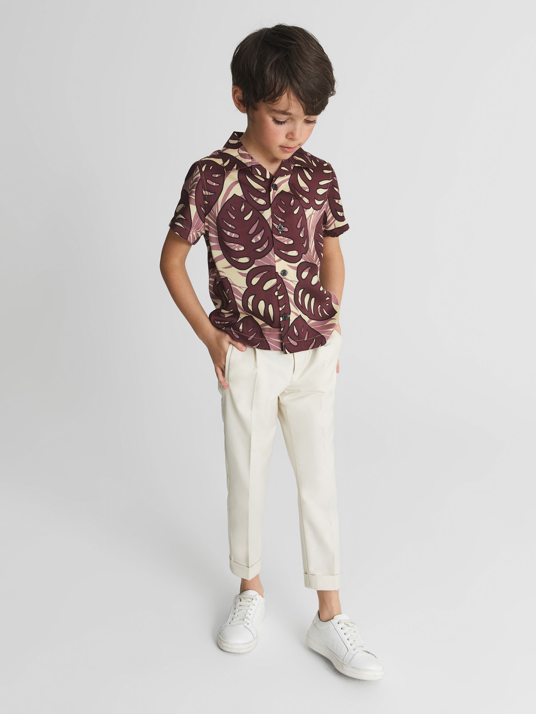 Cuban Collar Monster Leaf Print Shirt in Dark Pink - Image 1 of 5 Cuban Collar Monster Leaf Print Shirt in Dark Pink - Image 1 of 5