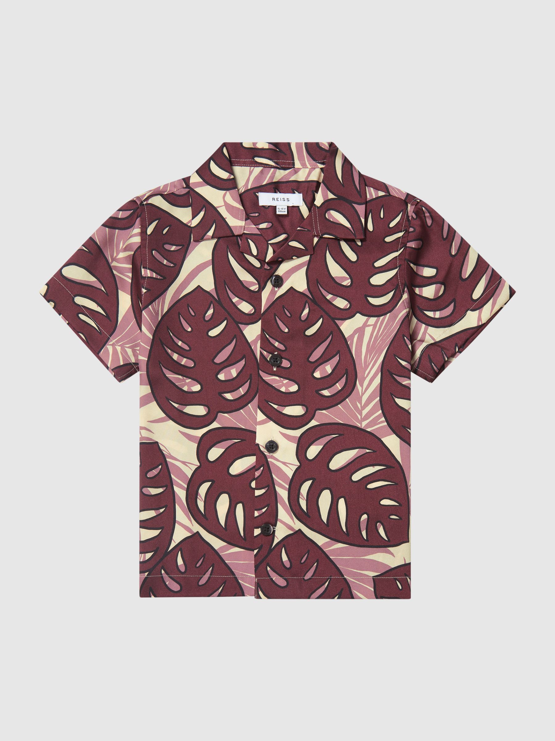 Cuban Collar Monster Leaf Print Shirt in Dark Pink - Image 2 of 5 Cuban Collar Monster Leaf Print Shirt in Dark Pink - Image 2 of 5