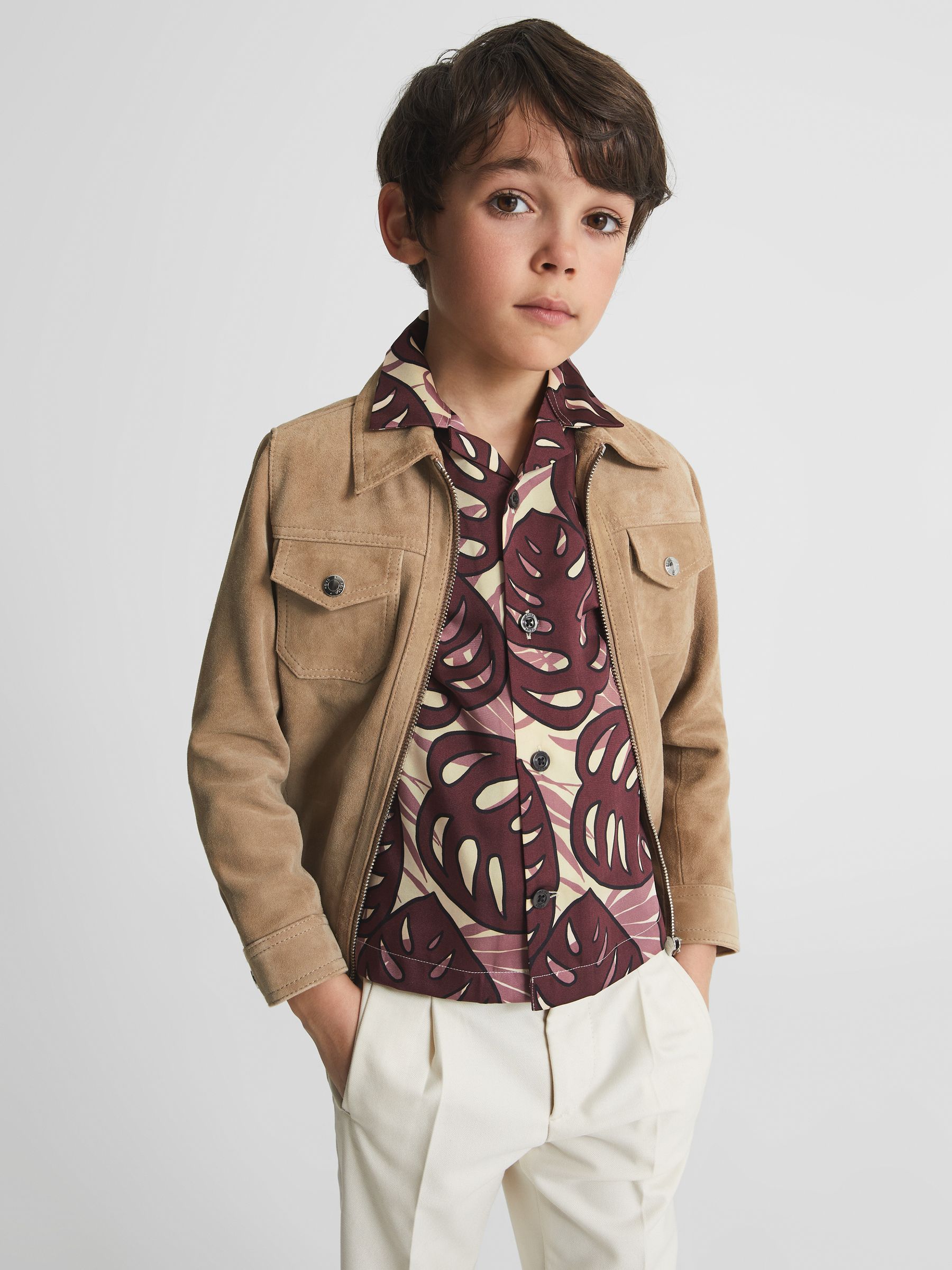 Cuban Collar Monster Leaf Print Shirt in Dark Pink - Image 3 of 5