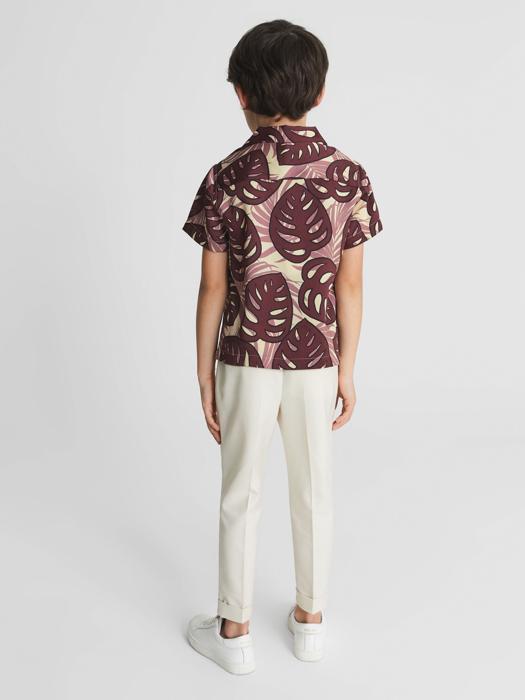 Cuban Collar Monster Leaf Print Shirt in Dark Pink - Image 4 of 5