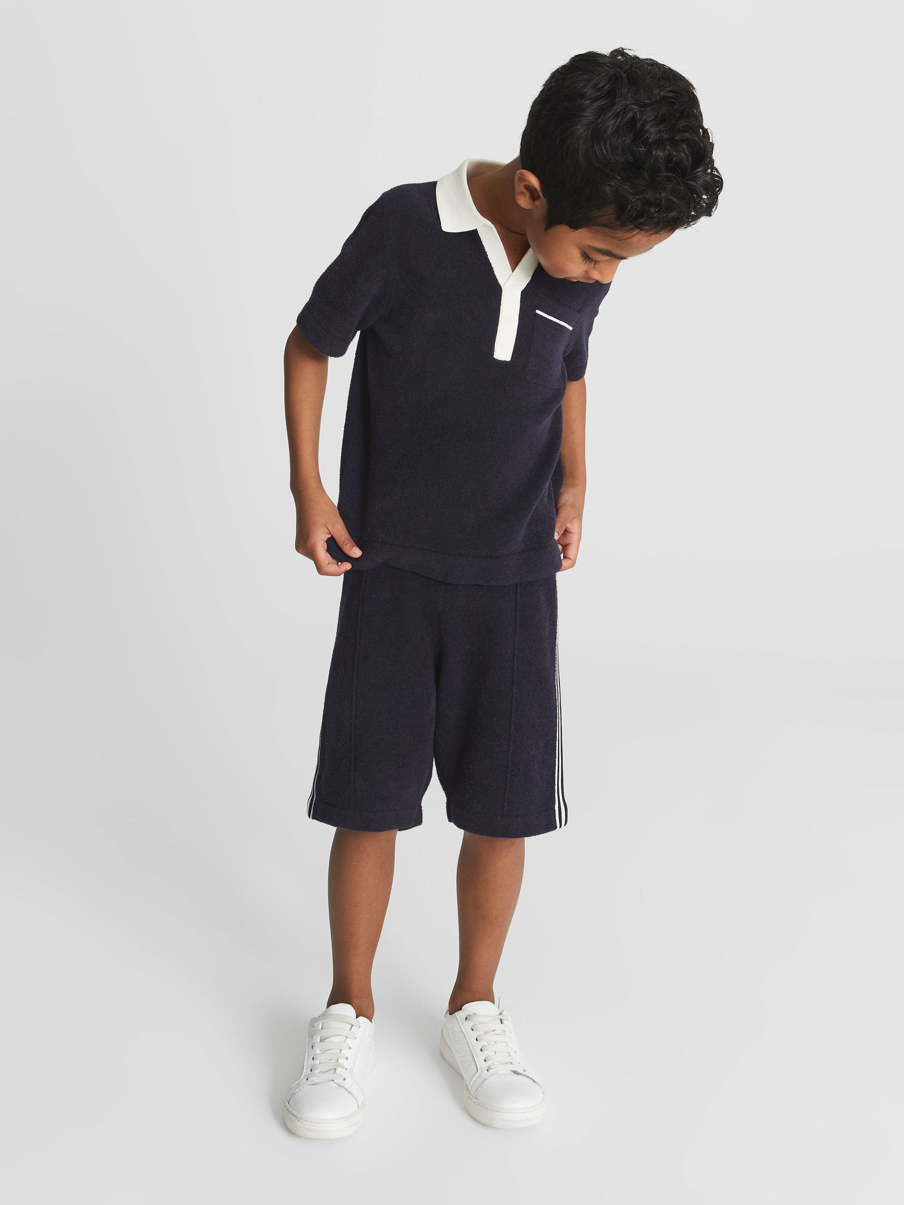 Open Collar Velour Polo T-Shirt in Navy - Image 1 of 7