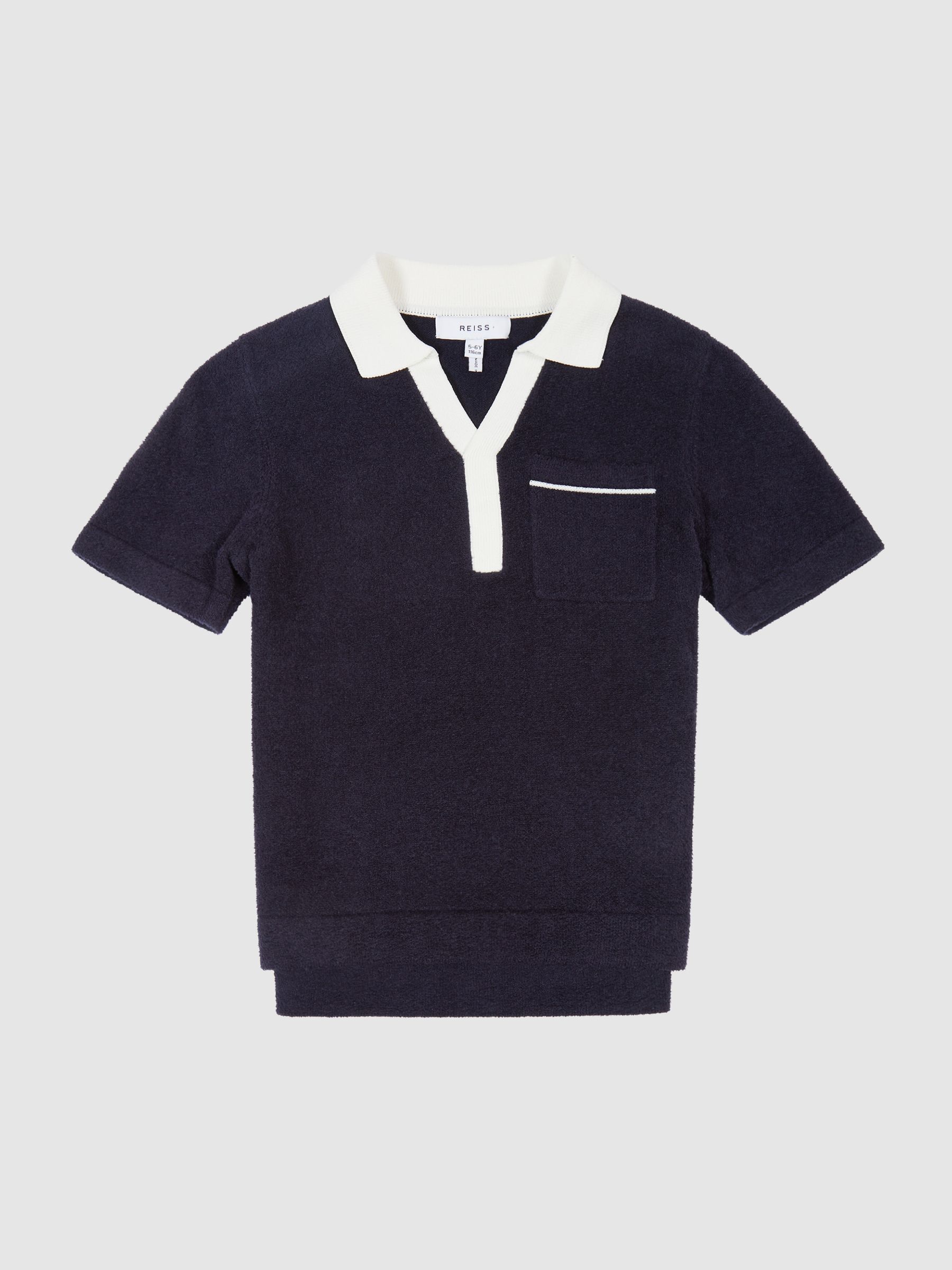 Open Collar Velour Polo T-Shirt in Navy - Image 2 of 7