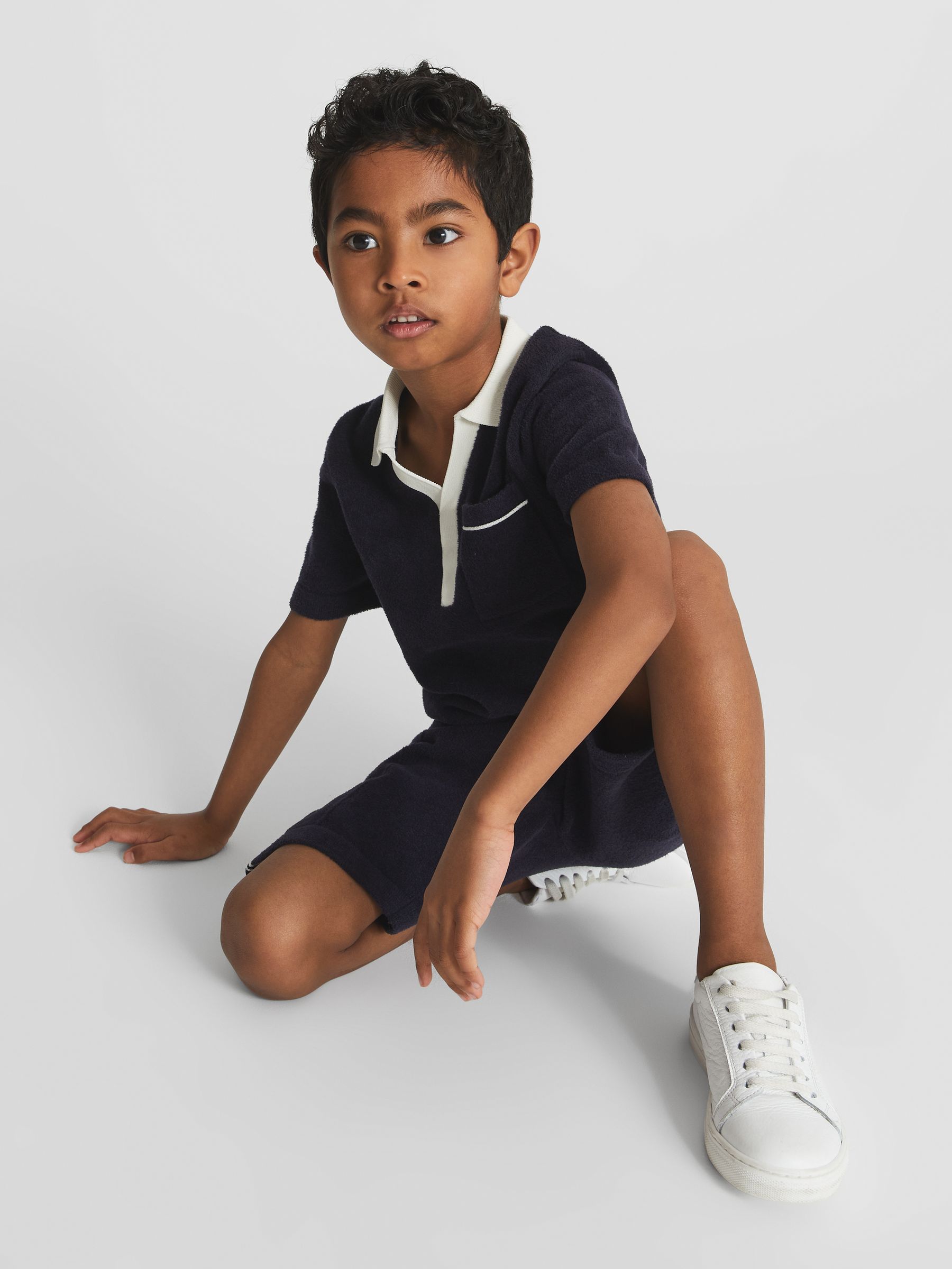 Open Collar Velour Polo T-Shirt in Navy - Image 3 of 7