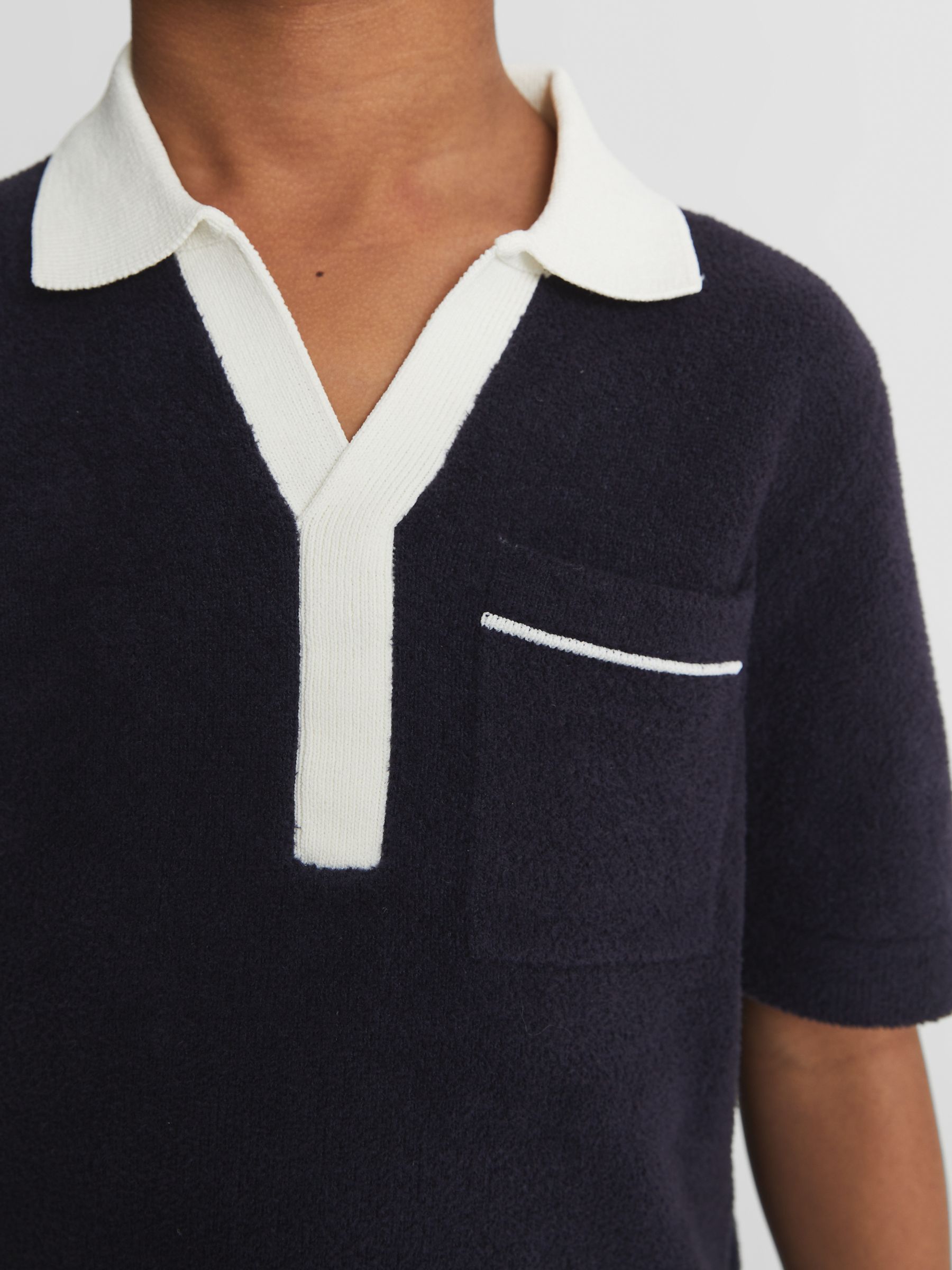 Open Collar Velour Polo T-Shirt in Navy - Image 4 of 7