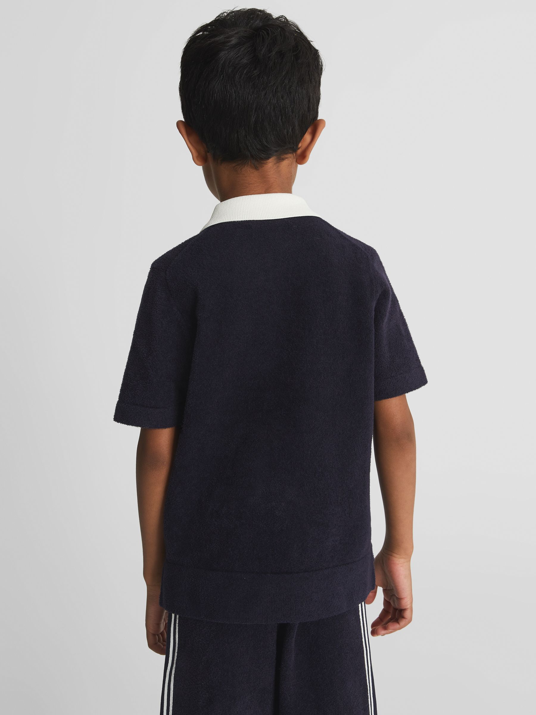 Open Collar Velour Polo T-Shirt in Navy - Image 5 of 7