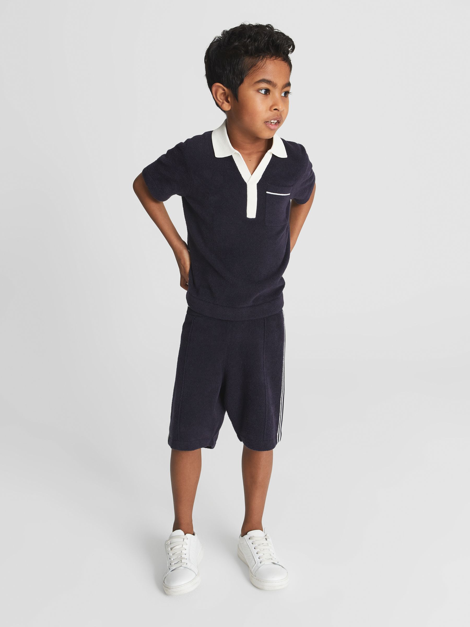 Open Collar Velour Polo T-Shirt in Navy - Image 6 of 7