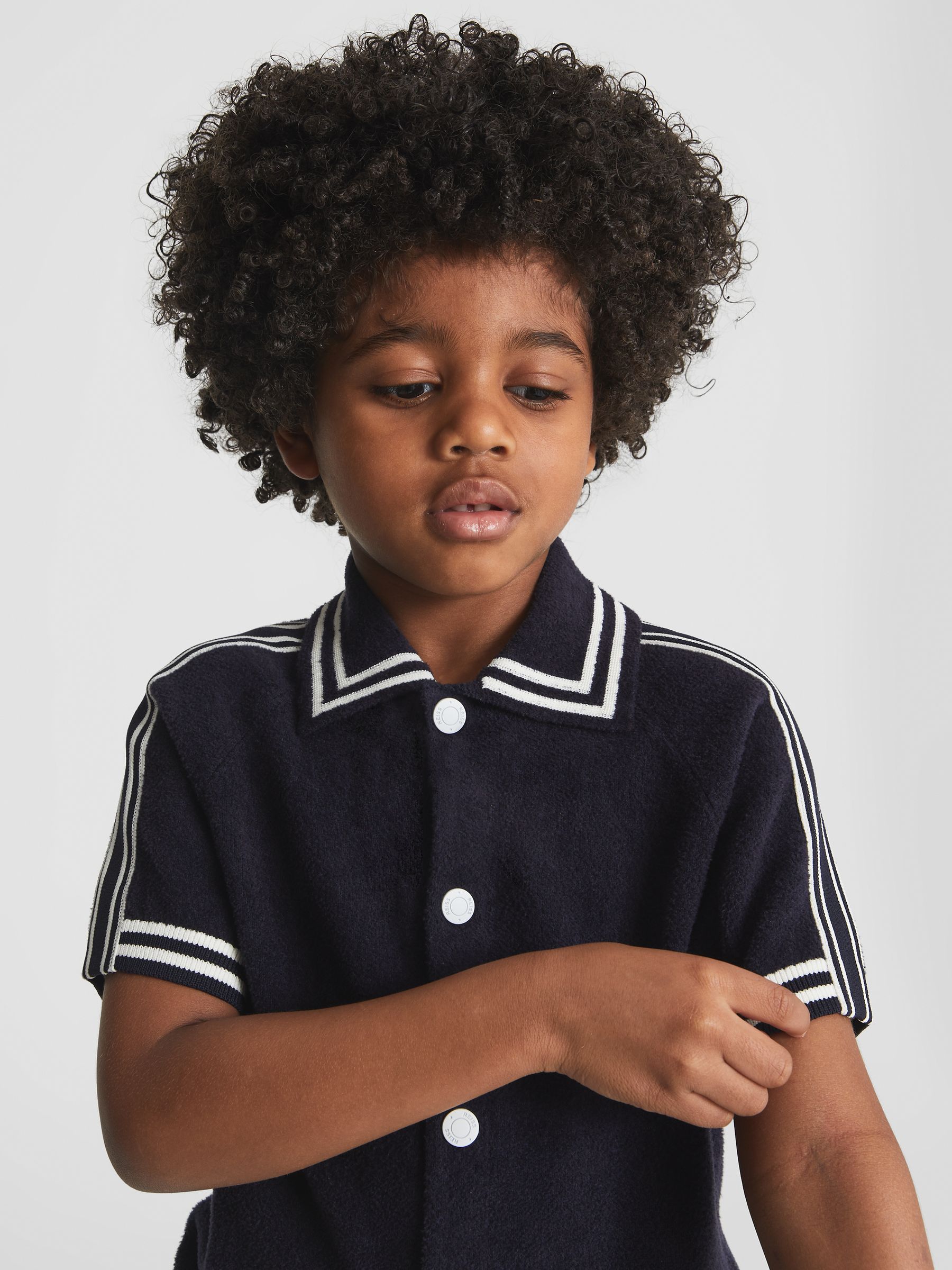 Velour Stripe Shirt in Navy - Image 1 of 6