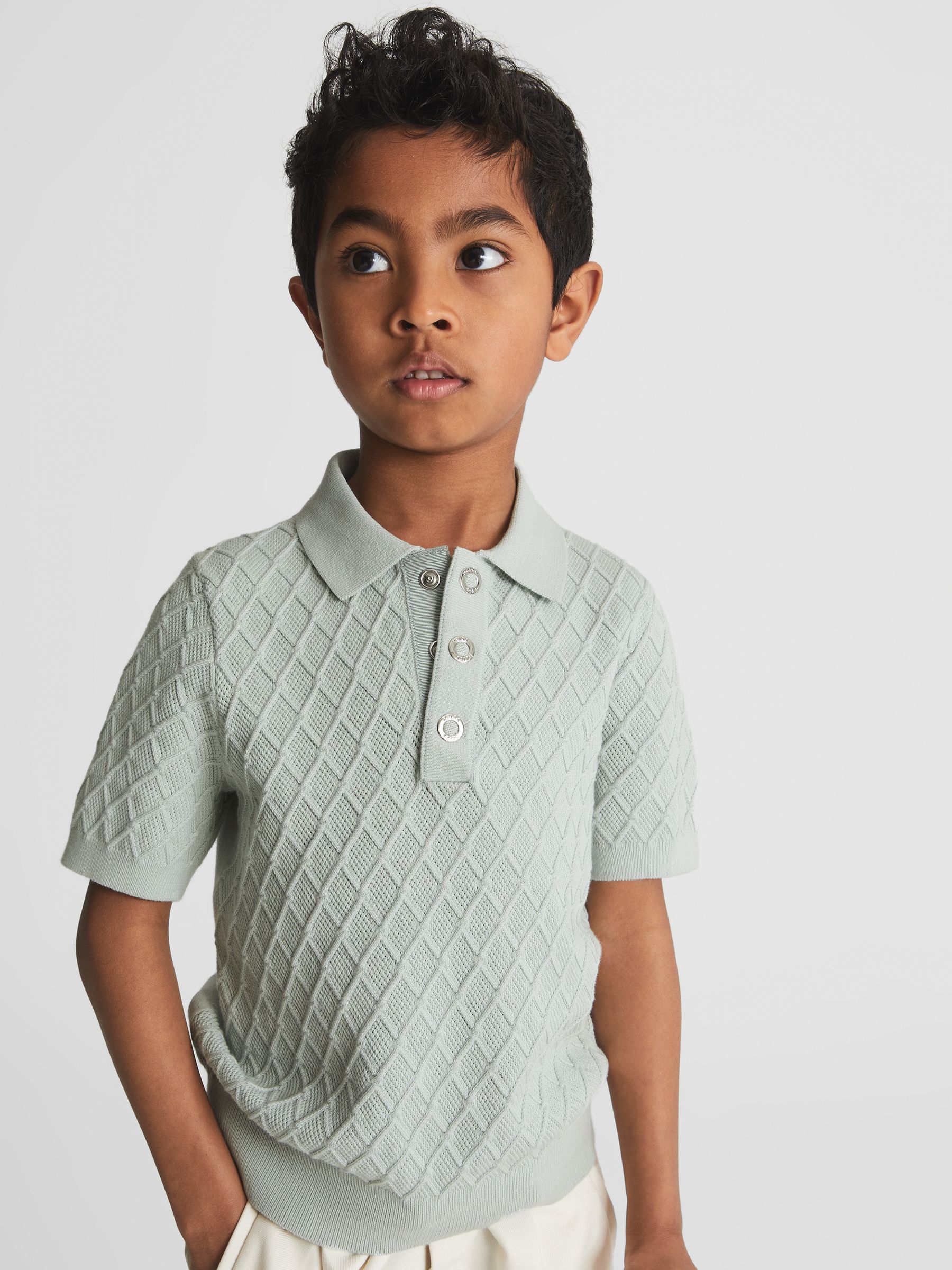 Press Stud Textured Polo T-Shirt in Sage - Image 1 of 6 Press Stud Textured Polo T-Shirt in Sage - Image 1 of 6