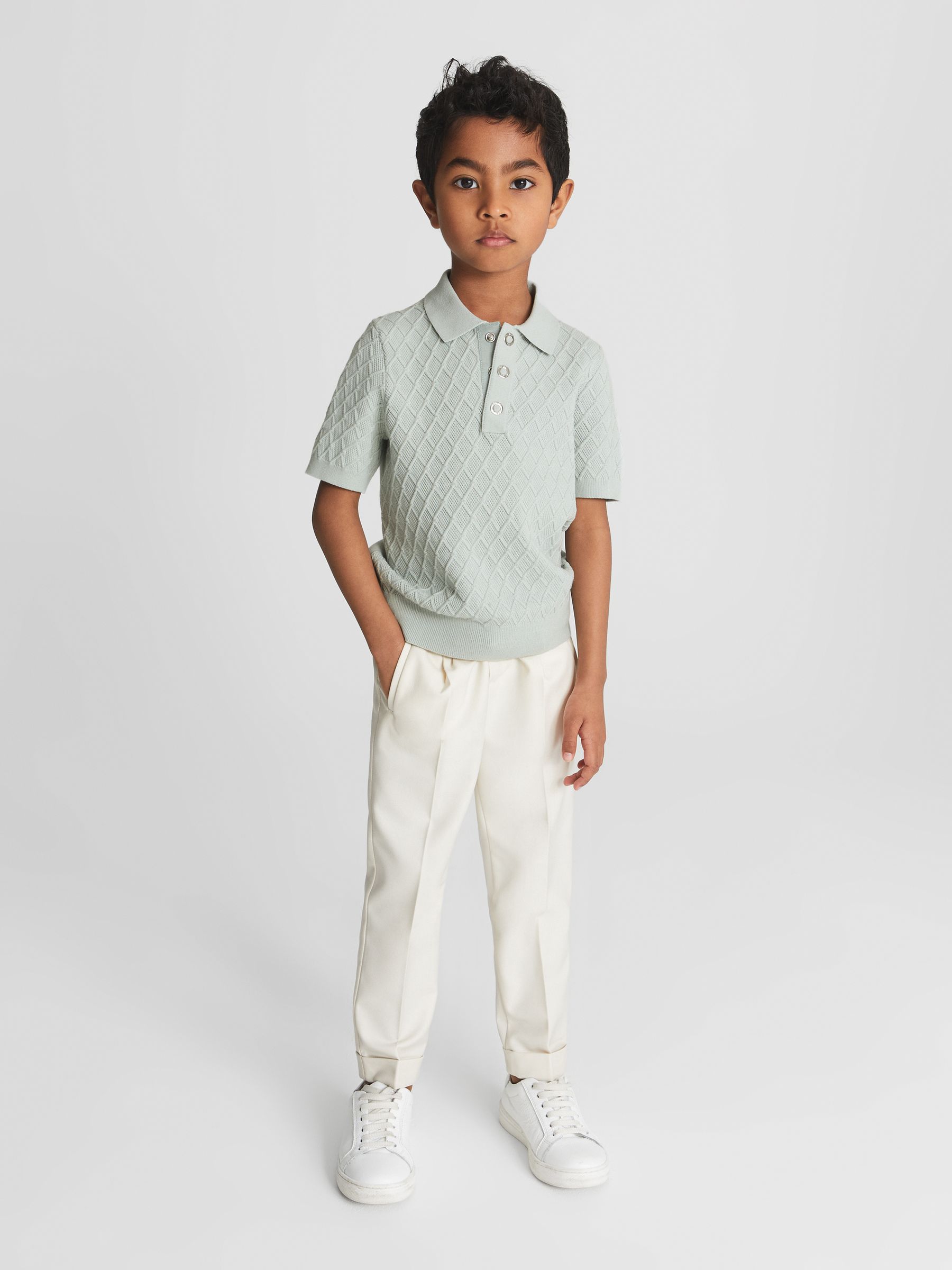 Press Stud Textured Polo T-Shirt in Sage - Image 3 of 6