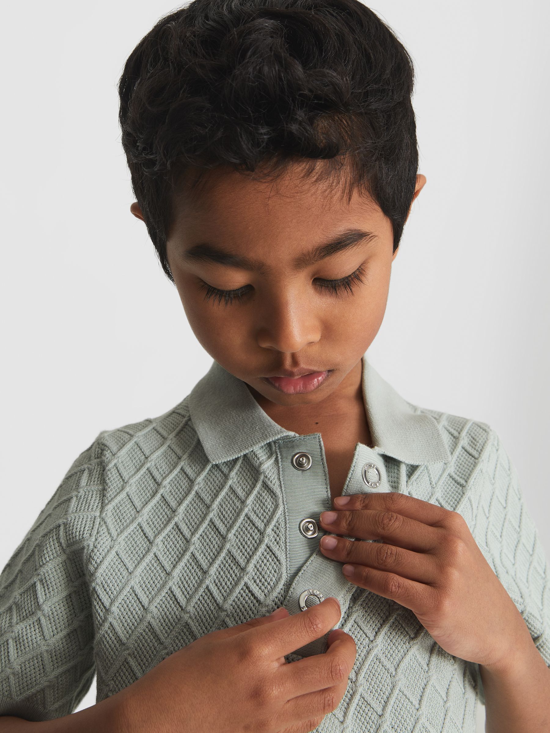 Press Stud Textured Polo T-Shirt in Sage - Image 4 of 6