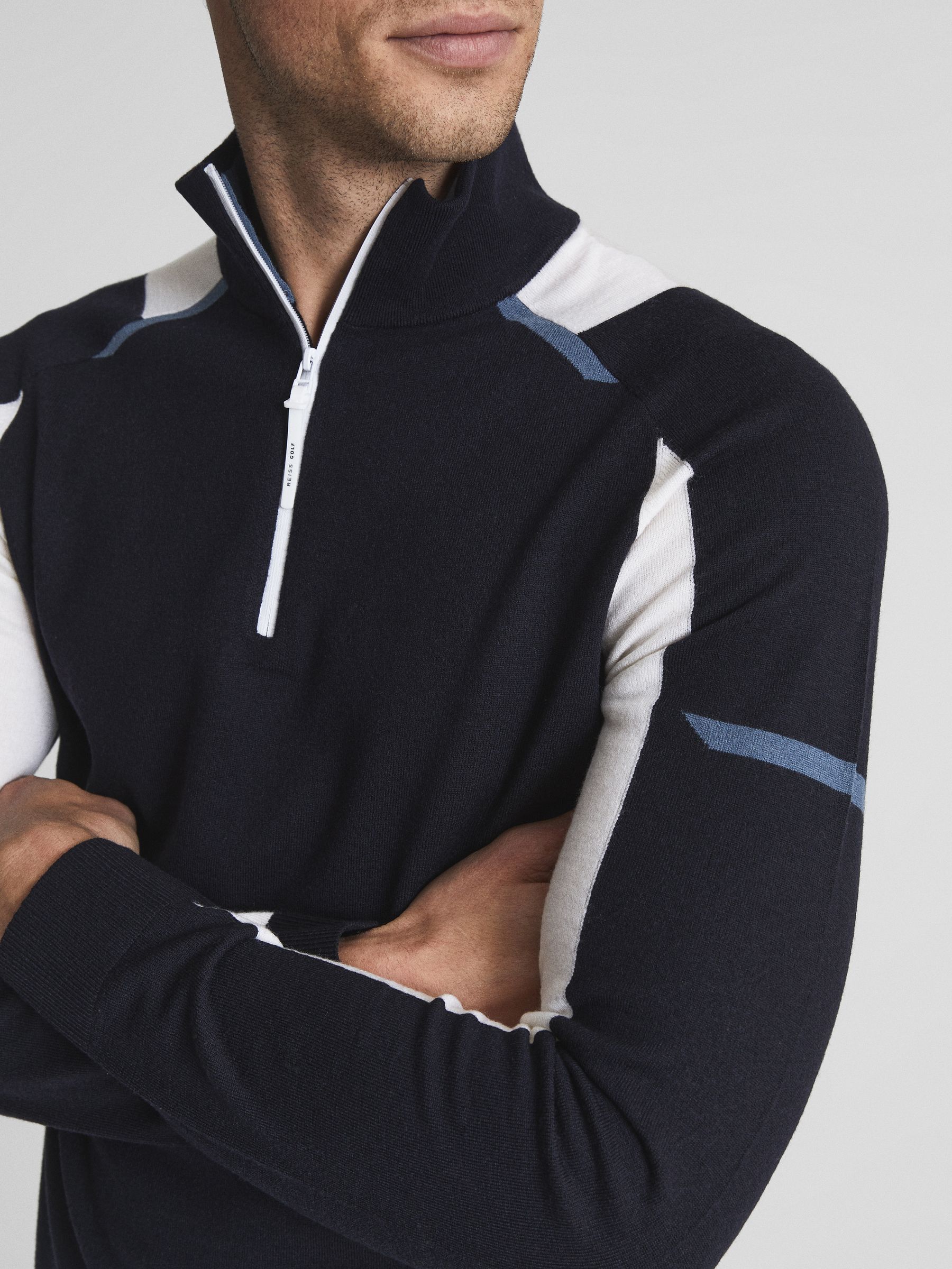 Colourblock Merino Stretch Half Zip in Navy/White - Image 1 of 7 Colourblock Merino Stretch Half Zip in Navy/White - Image 1 of 7