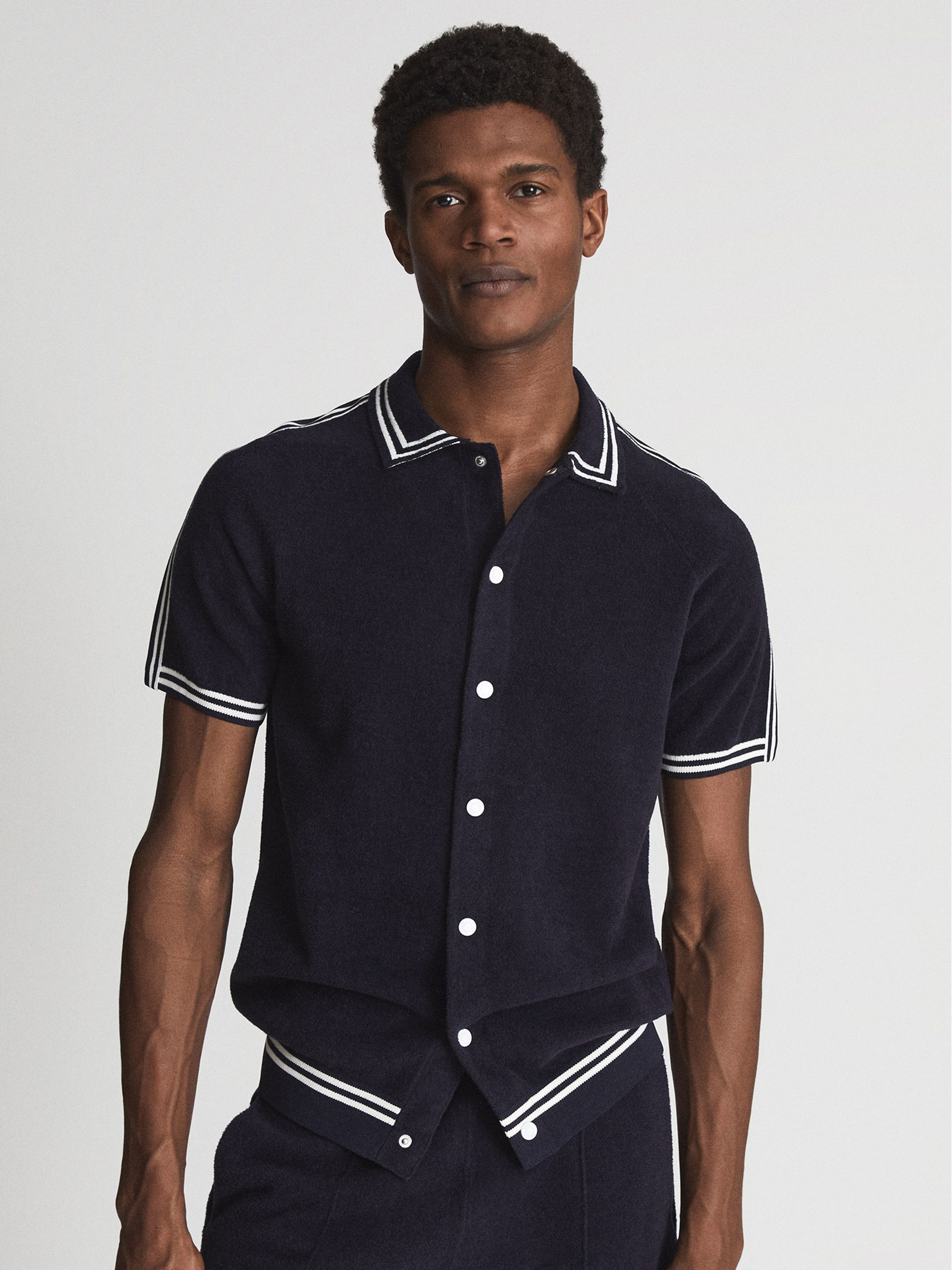 Velour Side Stripe Shirt in Navy - Image 1 of 7 Velour Side Stripe Shirt in Navy - Image 1 of 7