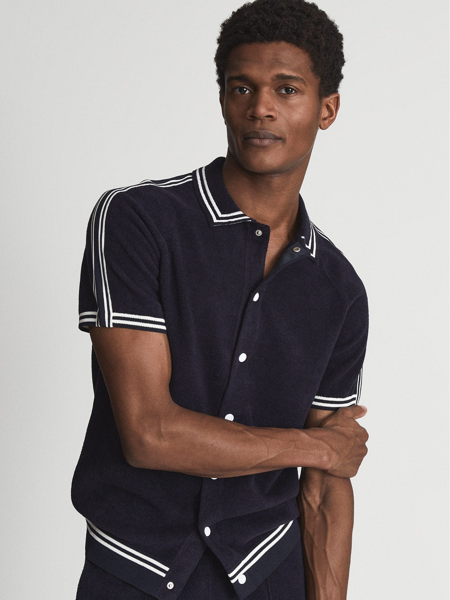 Velour Side Stripe Shirt in Navy - Image 4 of 7