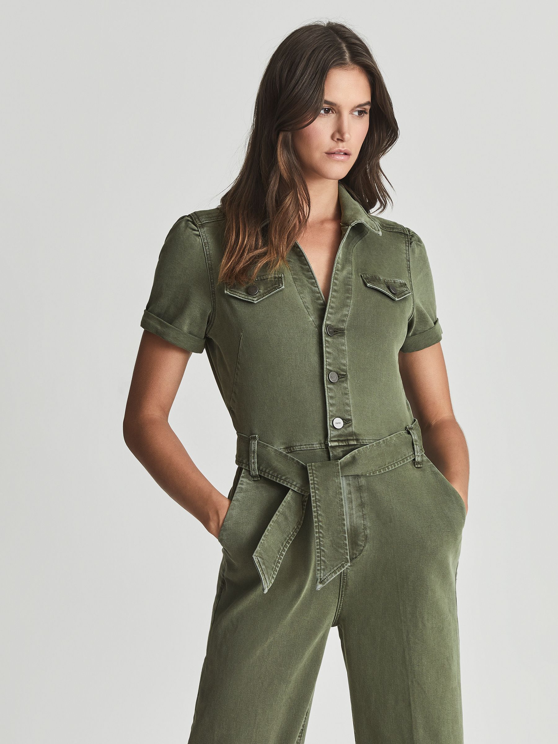 Paige Anessa Denim Jumpsuit in Green - Image 3 of 6
