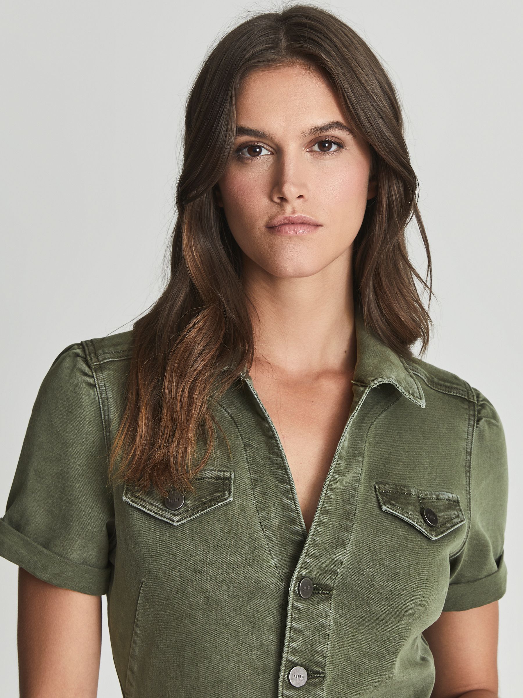 Paige Anessa Denim Jumpsuit in Green - Image 4 of 6