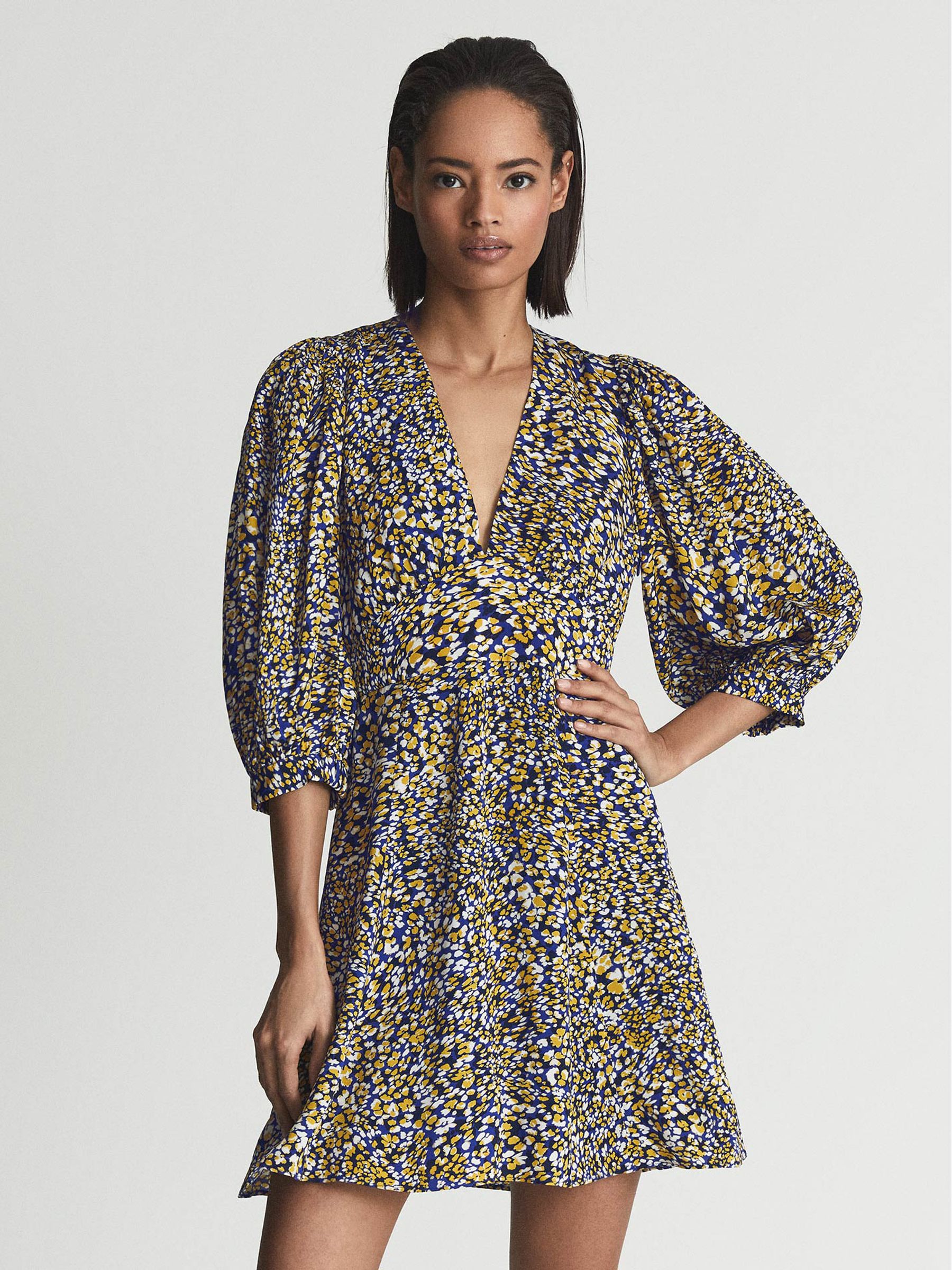 Puff Sleeve Print Mini Dress in Blue - Image 1 of 6 Puff Sleeve Print Mini Dress in Blue - Image 1 of 6