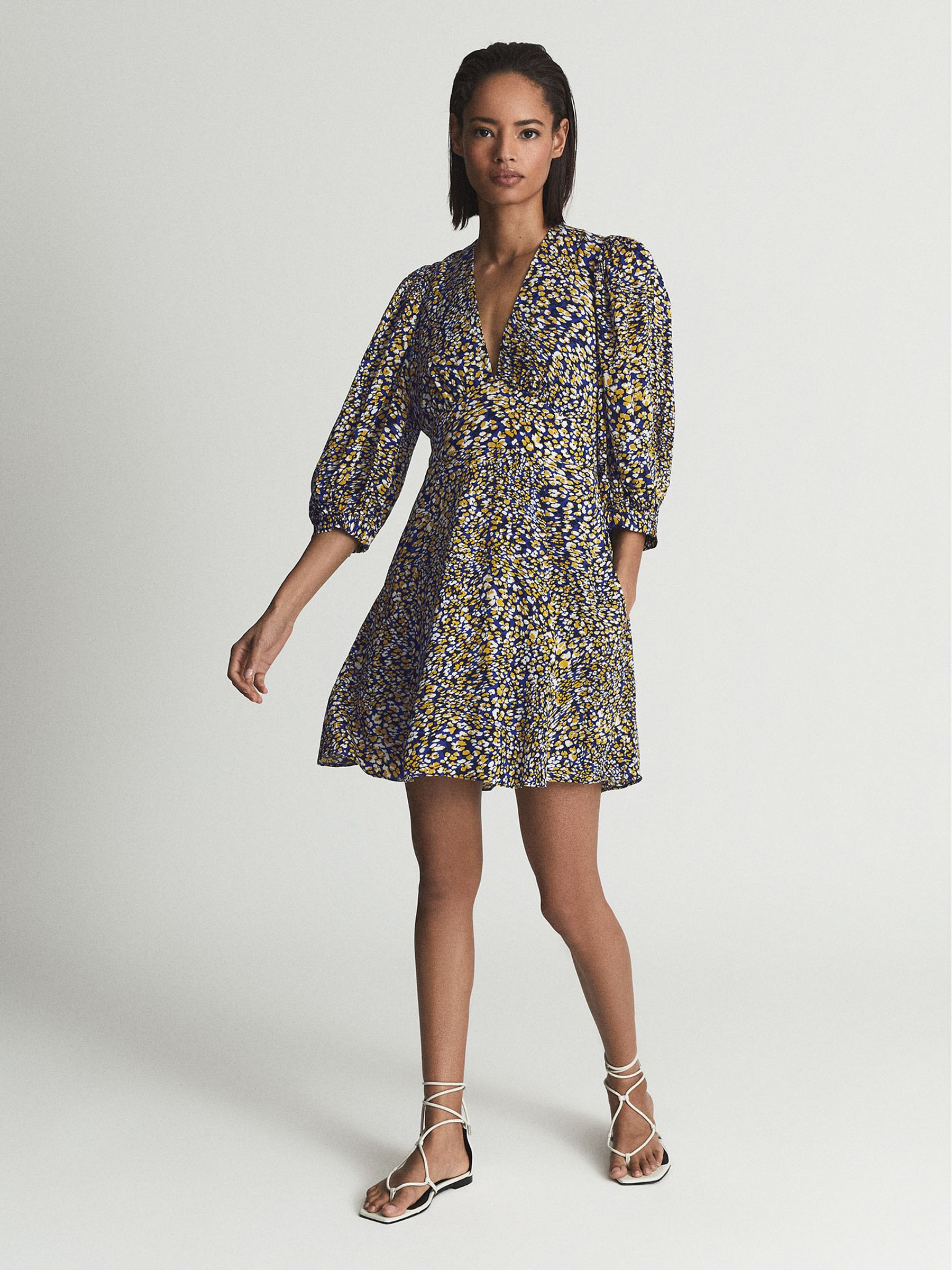 Puff Sleeve Print Mini Dress in Blue - Image 3 of 6