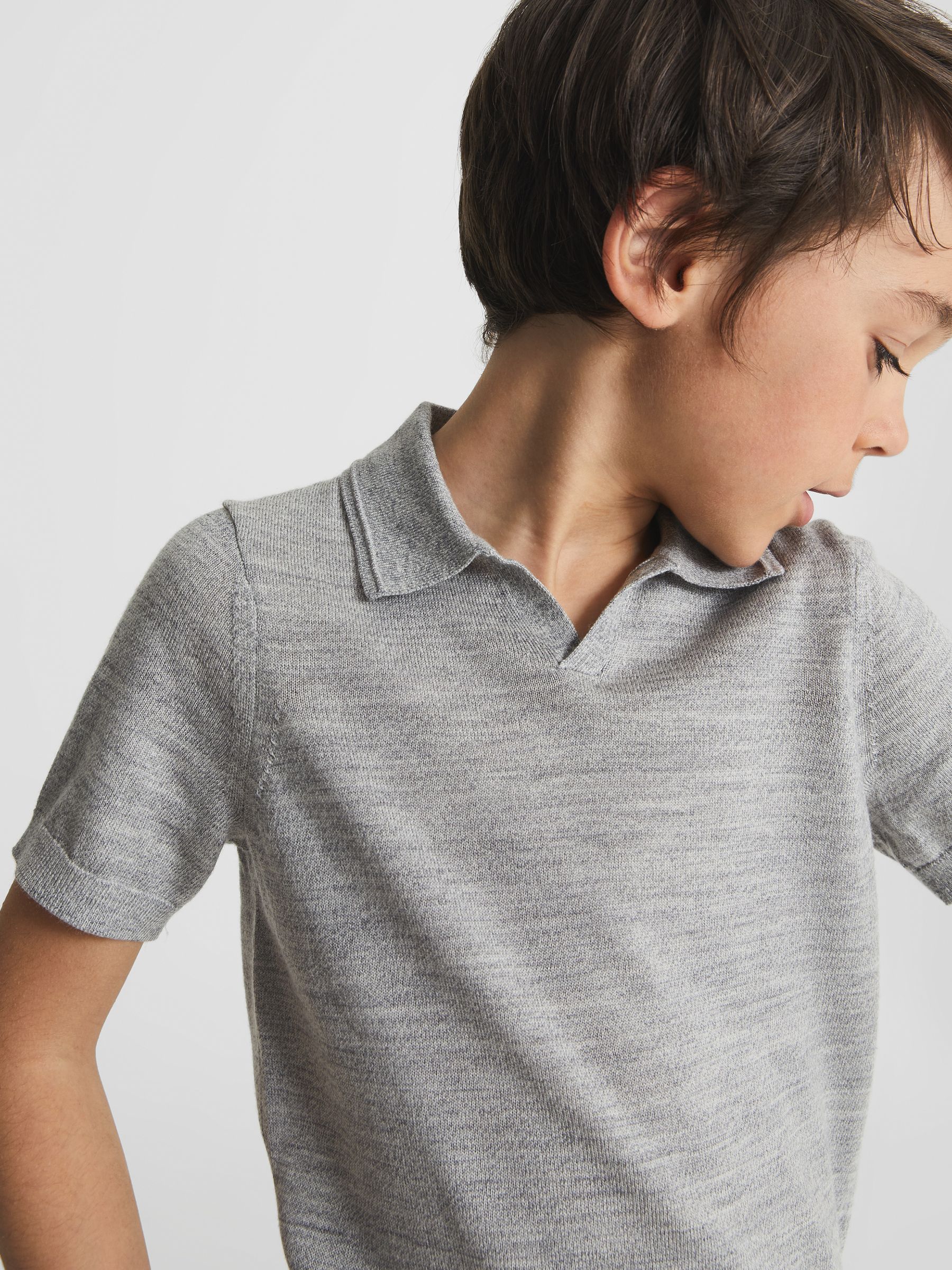 Merino Wool Open Collar Polo Shirt in Soft Grey - Image 1 of 7