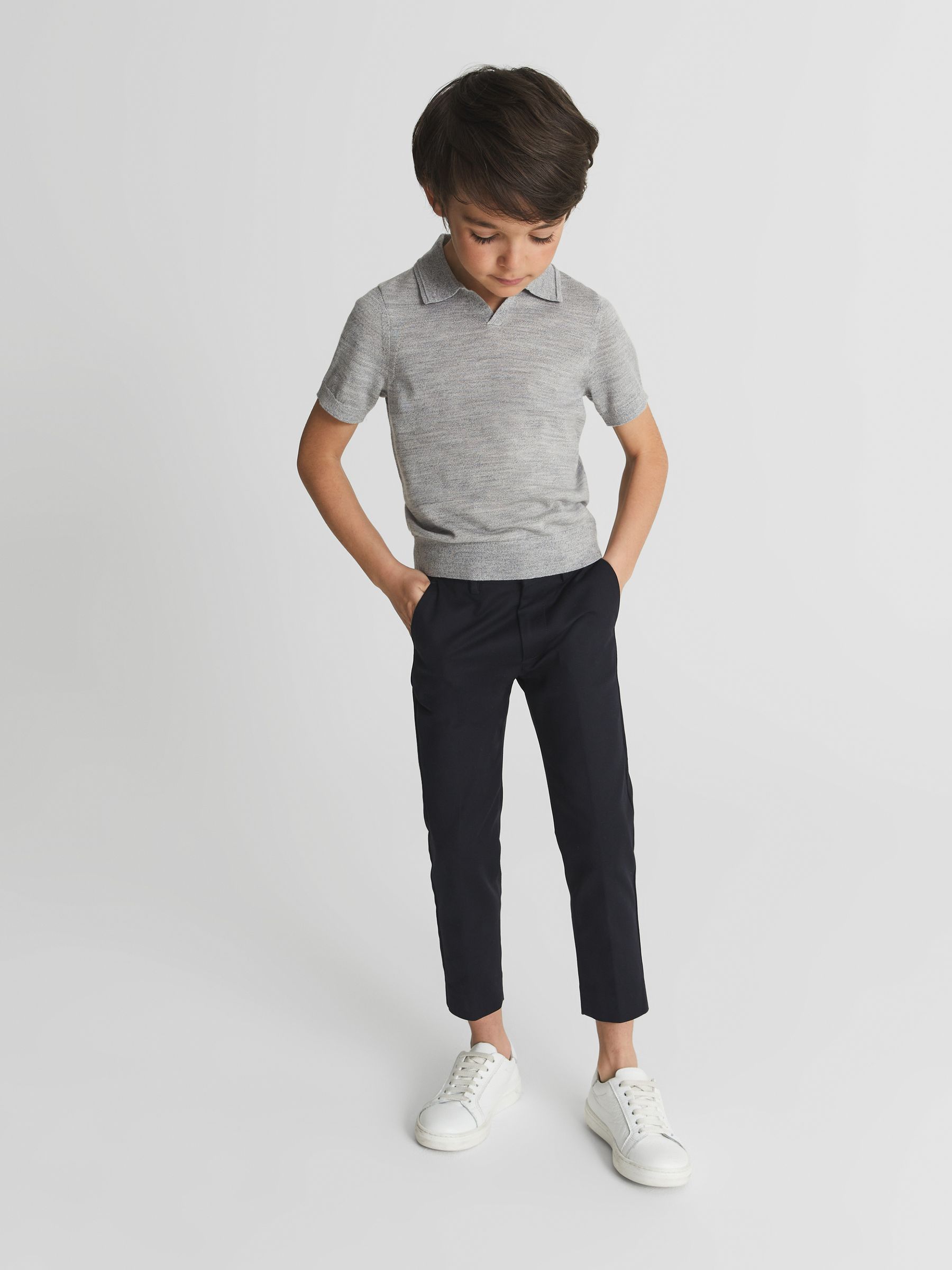 Merino Wool Open Collar Polo Shirt in Soft Grey - Image 3 of 7