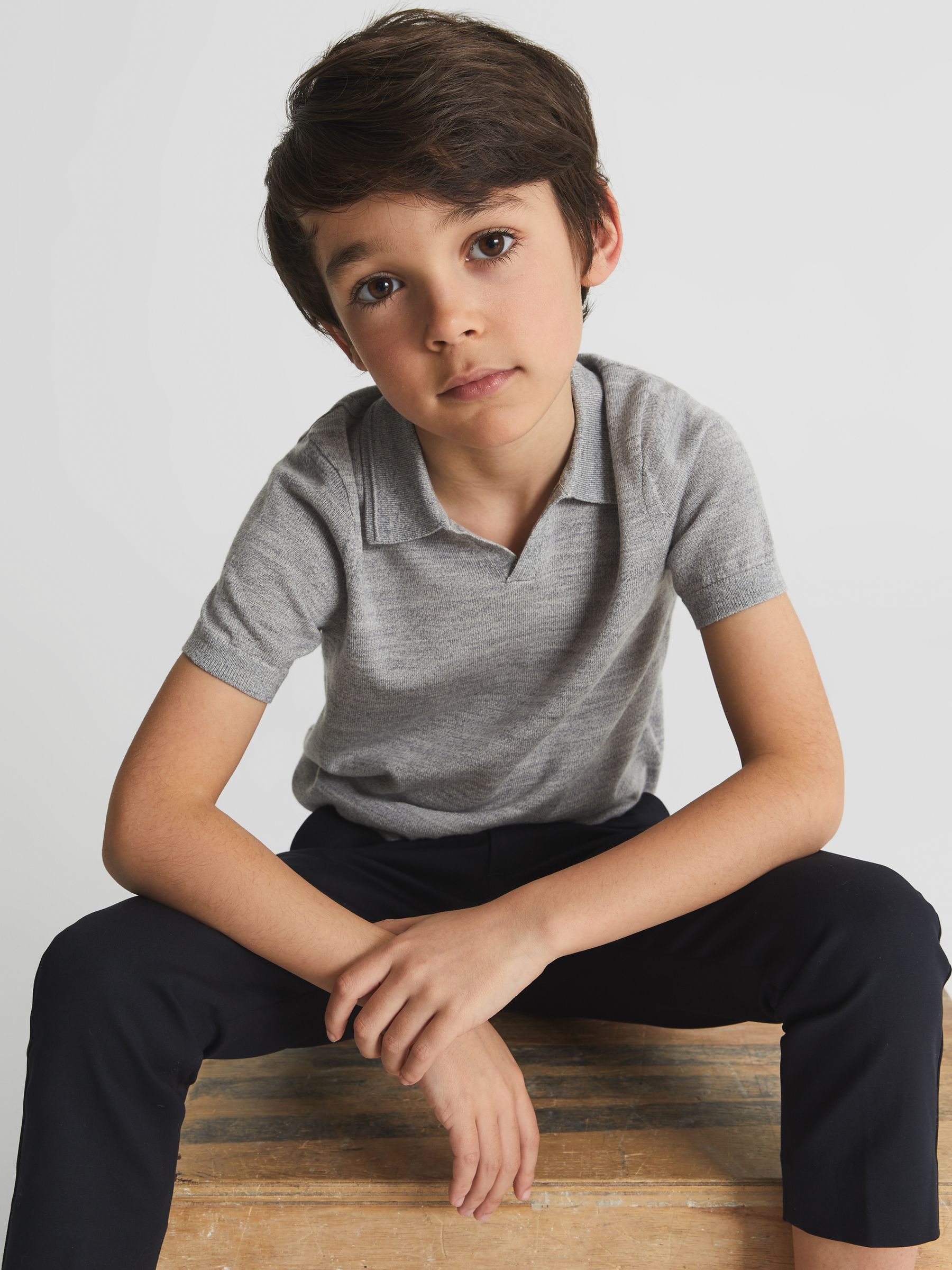 Merino Wool Open Collar Polo Shirt in Soft Grey - Image 4 of 7