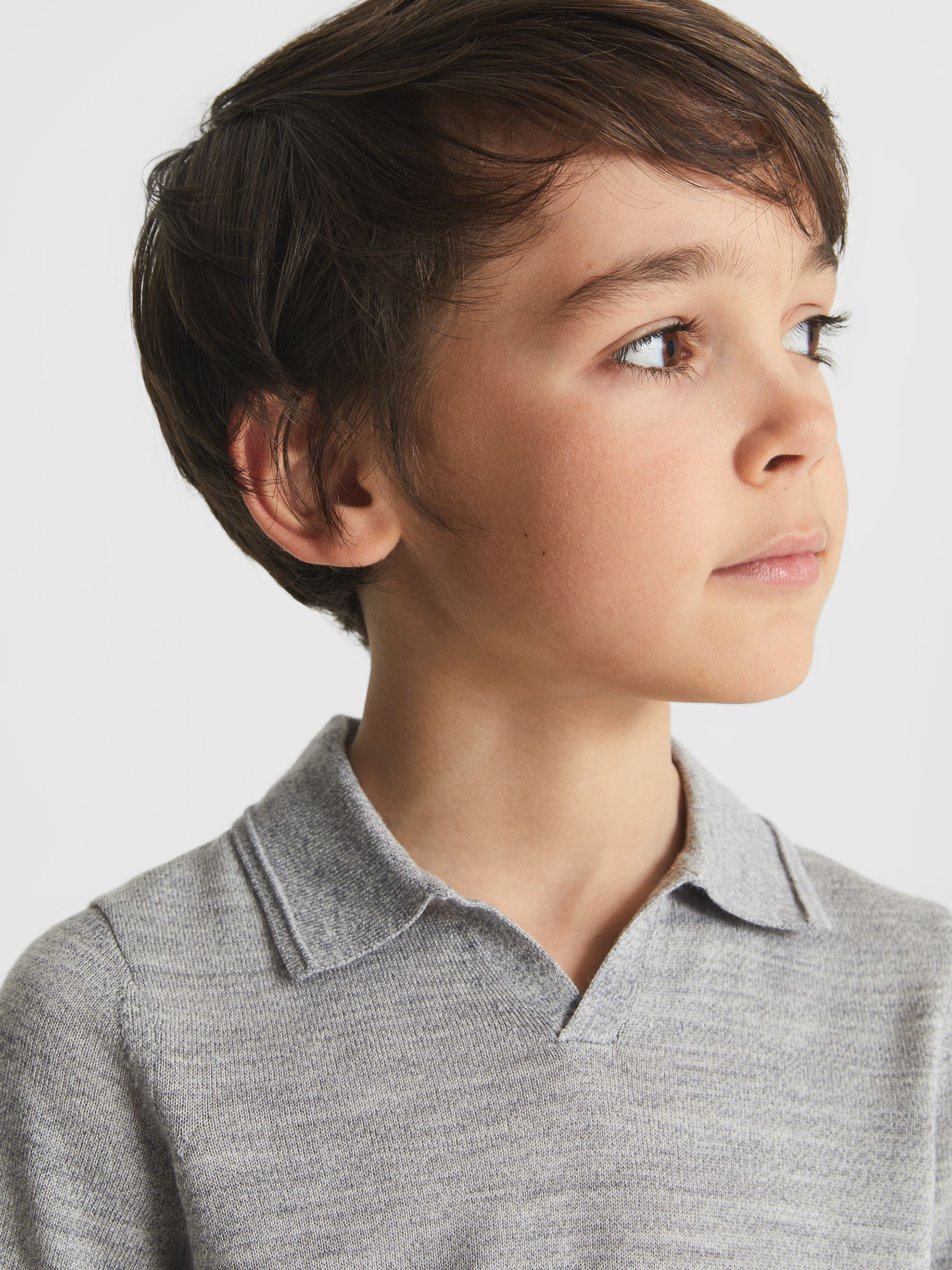 Merino Wool Open Collar Polo Shirt in Soft Grey - Image 5 of 7