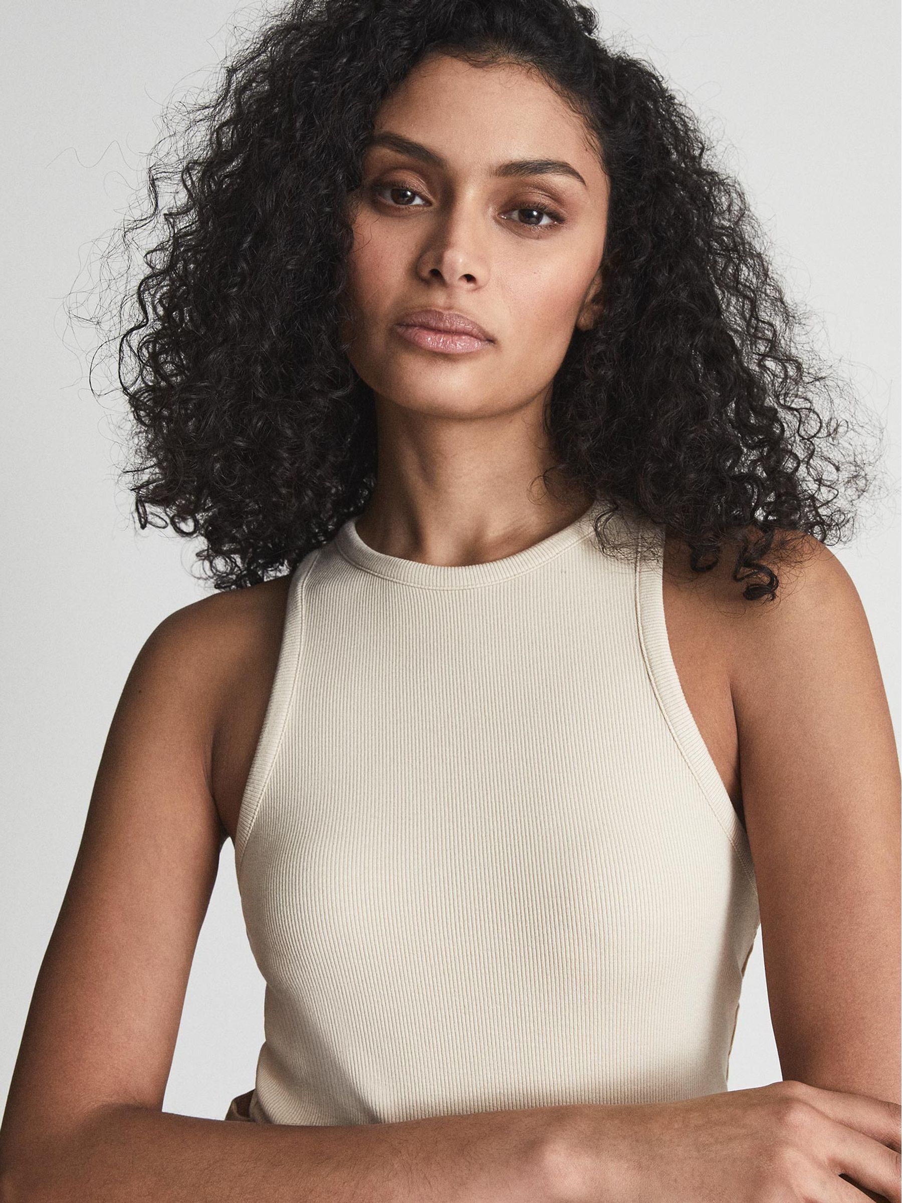 Ribbed Jersey Racer Tank Top in Neutral - Image 1 of 7