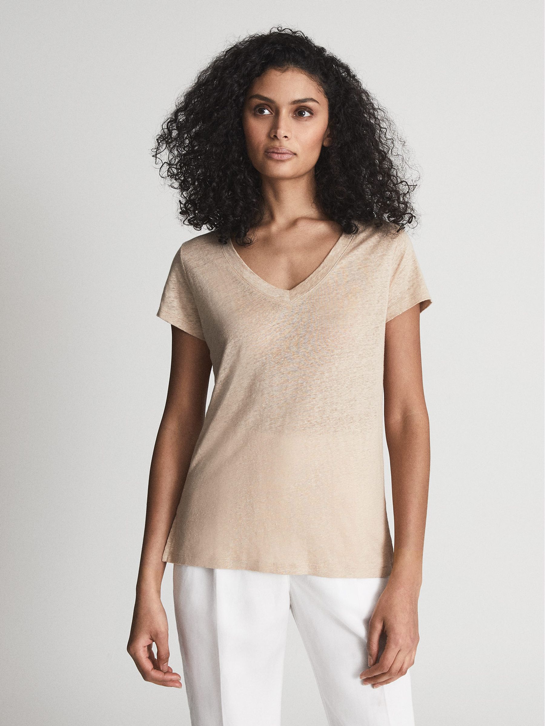 Linen V Neck T-Shirt in Stone - Image 1 of 6 Linen V Neck T-Shirt in Stone - Image 1 of 6