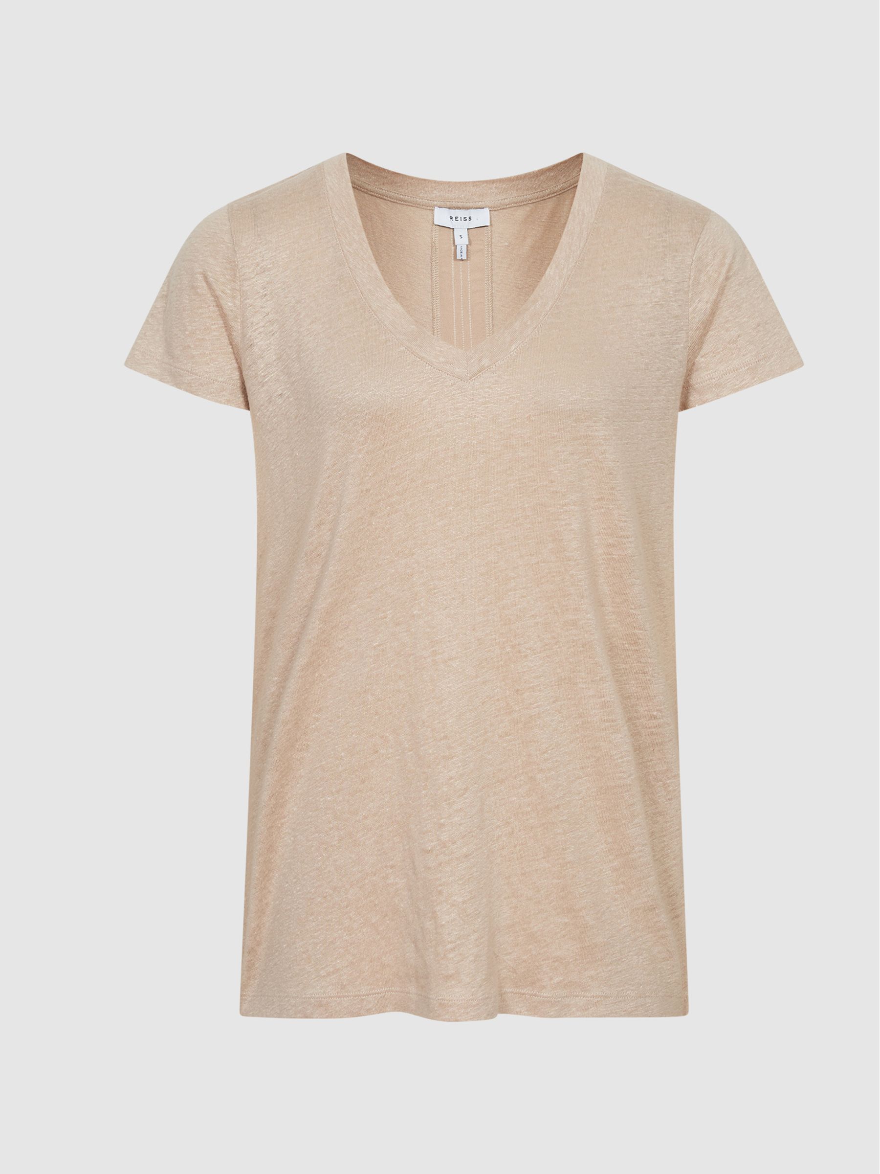 Linen V Neck T-Shirt in Stone - Image 2 of 6 Linen V Neck T-Shirt in Stone - Image 2 of 6