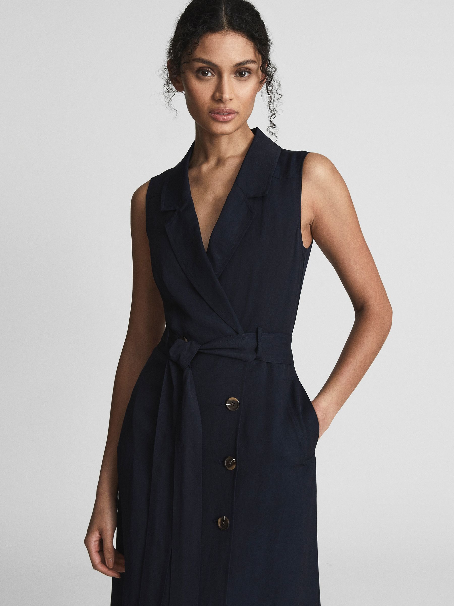 Linen Belted Button Midi Dress in Navy - Image 1 of 6 Linen Belted Button Midi Dress in Navy - Image 1 of 6