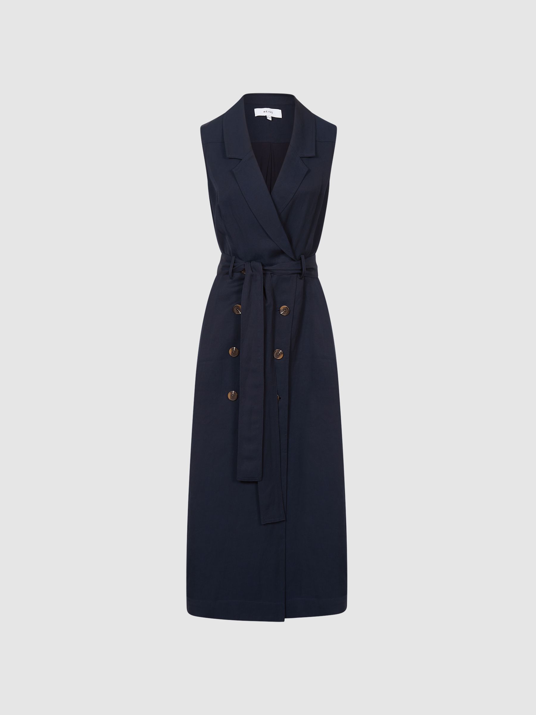 Linen Belted Button Midi Dress in Navy - Image 2 of 6