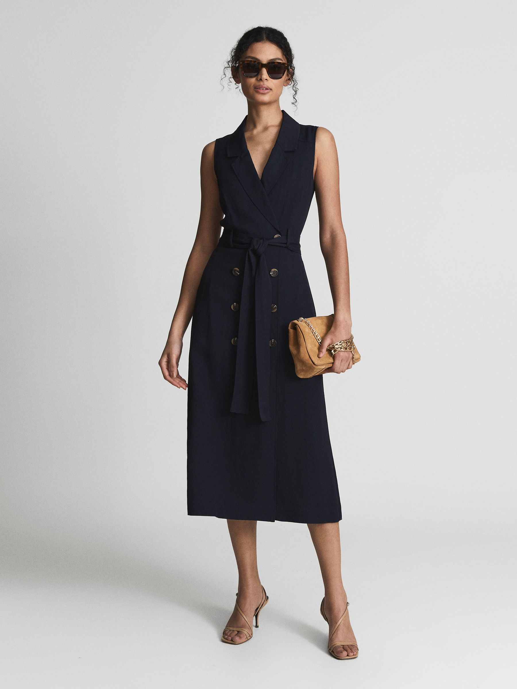 Linen Belted Button Midi Dress in Navy - Image 3 of 6