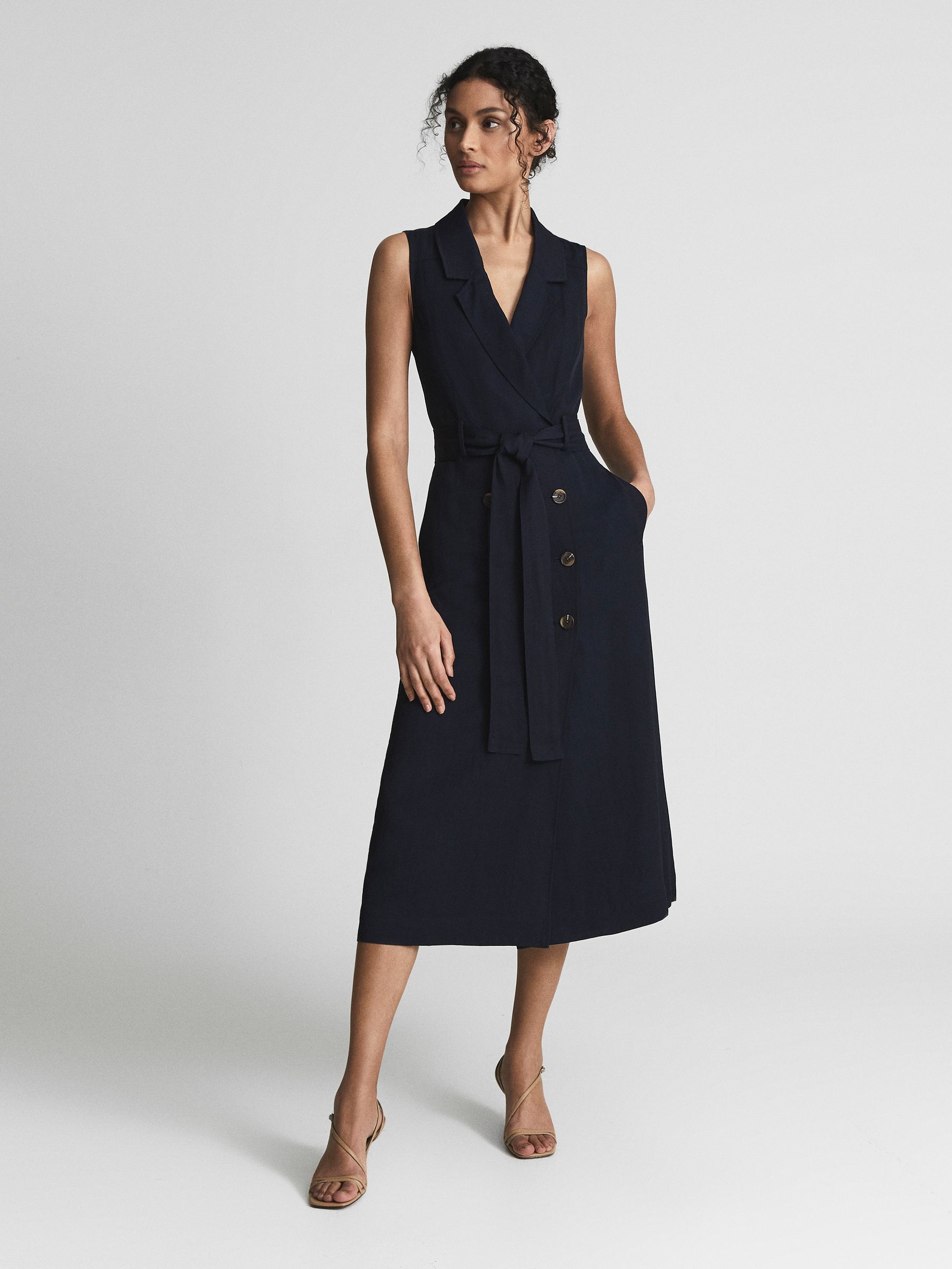 Linen Belted Button Midi Dress in Navy - Image 4 of 6
