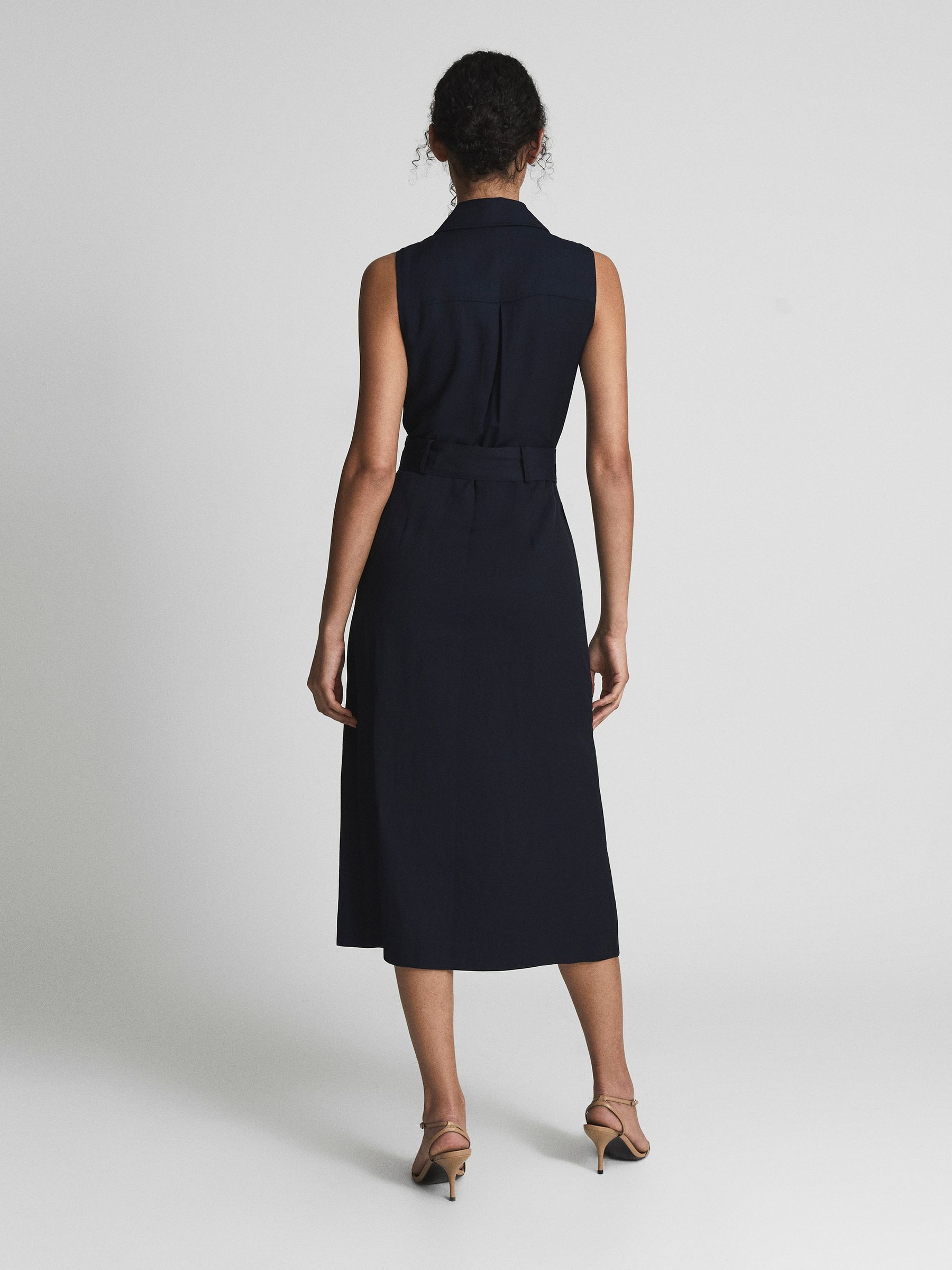 Linen Belted Button Midi Dress in Navy - Image 5 of 6
