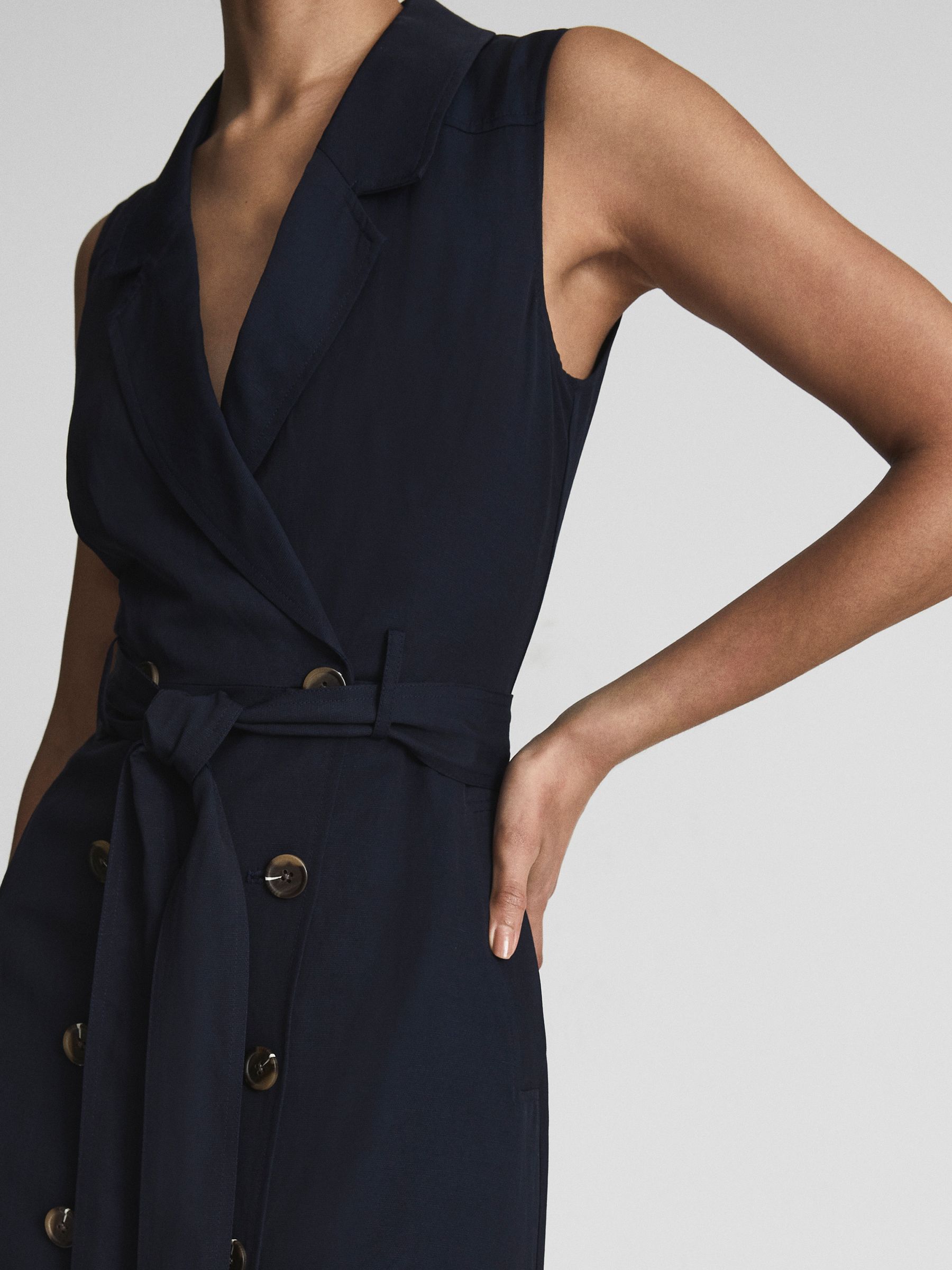 Linen Belted Button Midi Dress in Navy - Image 6 of 6