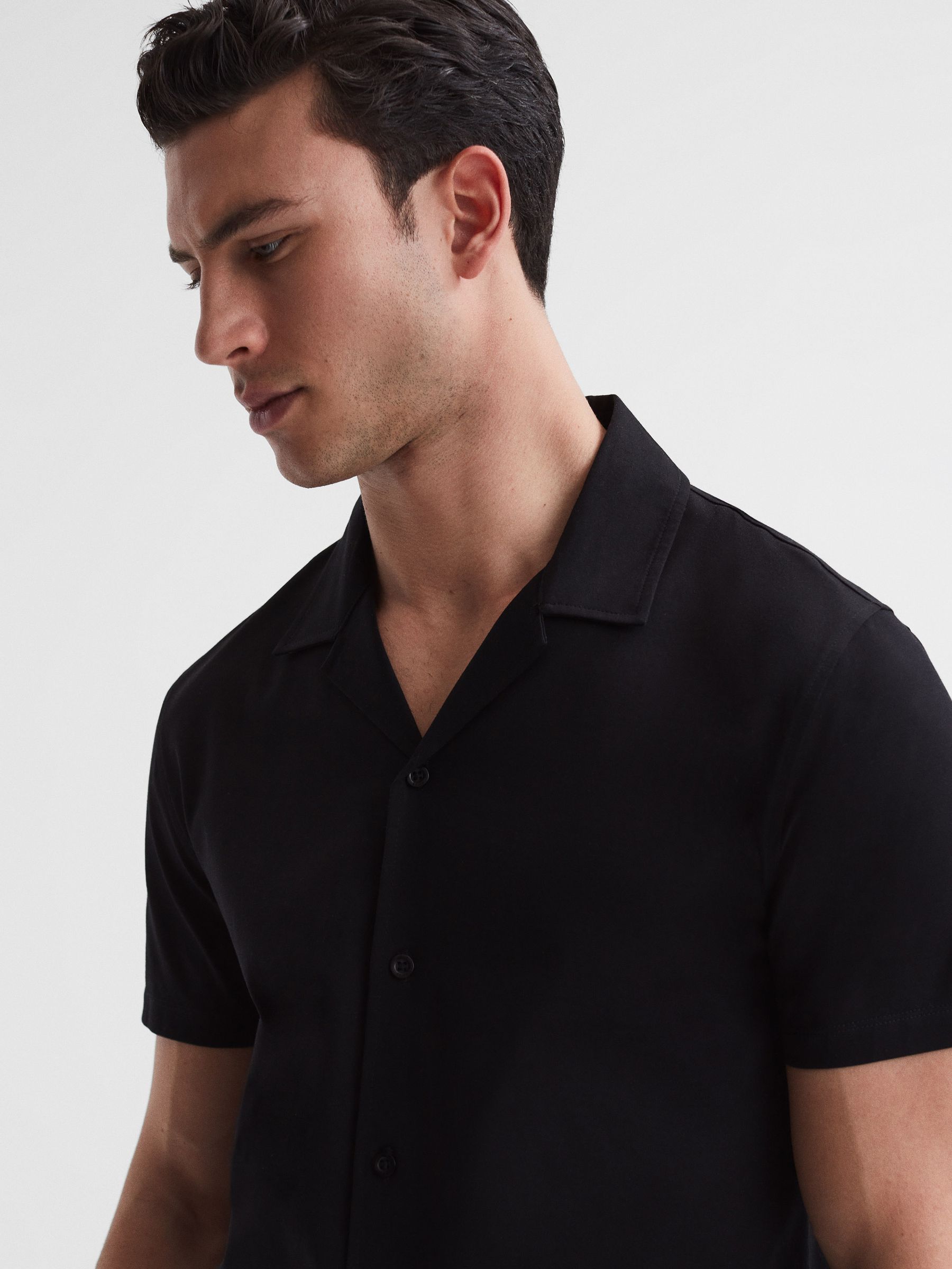 Mercerised Jersey Cuban Collar Shirt in Black - Image 4 of 7