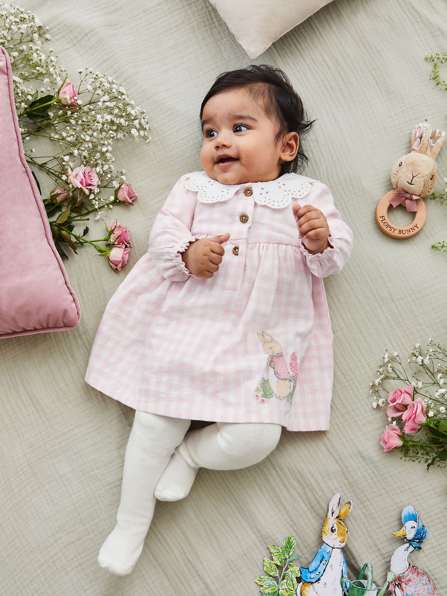 Peter Rabbit Gingham Appliqué Dress & Tights Set in Pink - Image 1 of 8