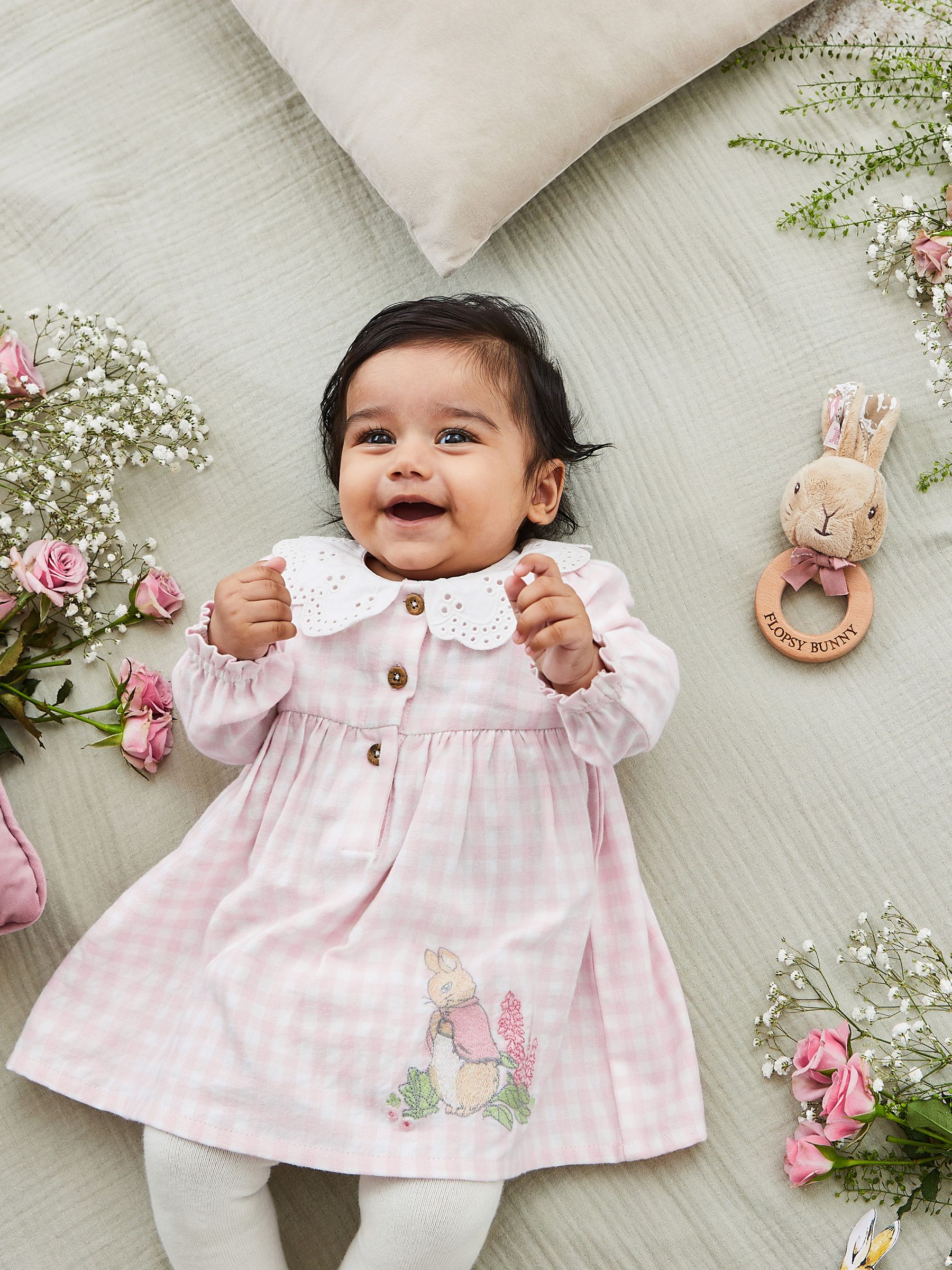 Peter Rabbit Gingham Appliqué Dress & Tights Set in Pink - Image 3 of 8