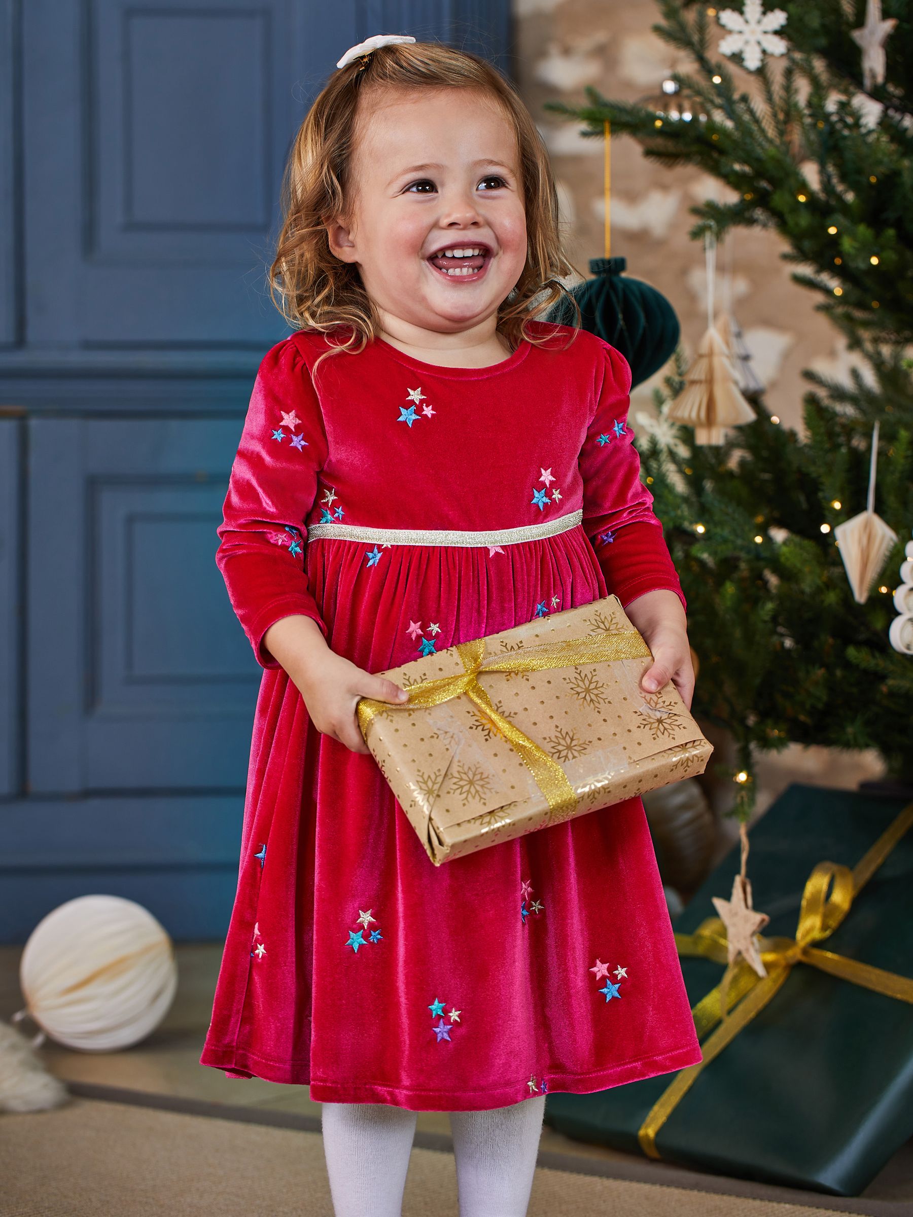 Fuchsia Star Embroidered Velour Party Dress | JoJo Maman Bb