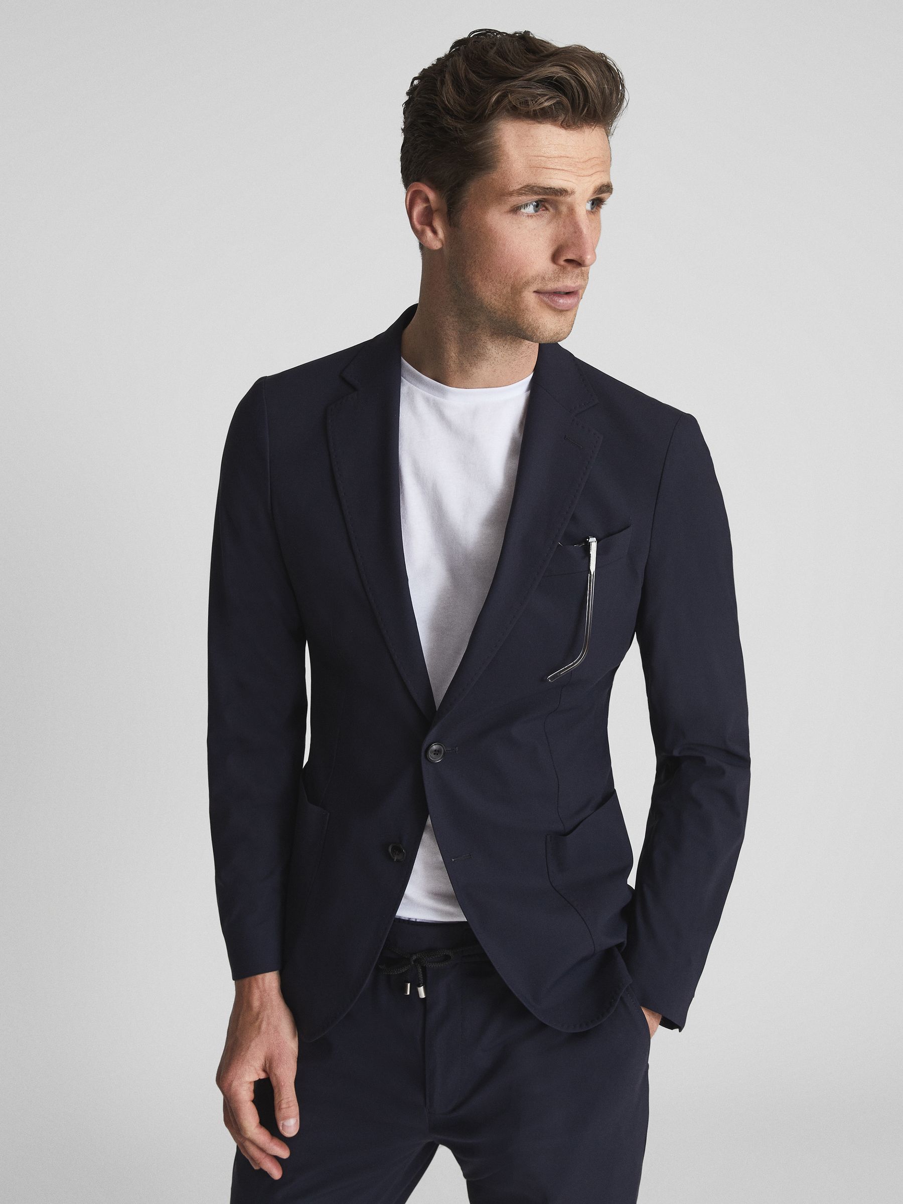 Voyage Navy Single Breasted Technical Slim Fit Blazer - Image 7 of 7