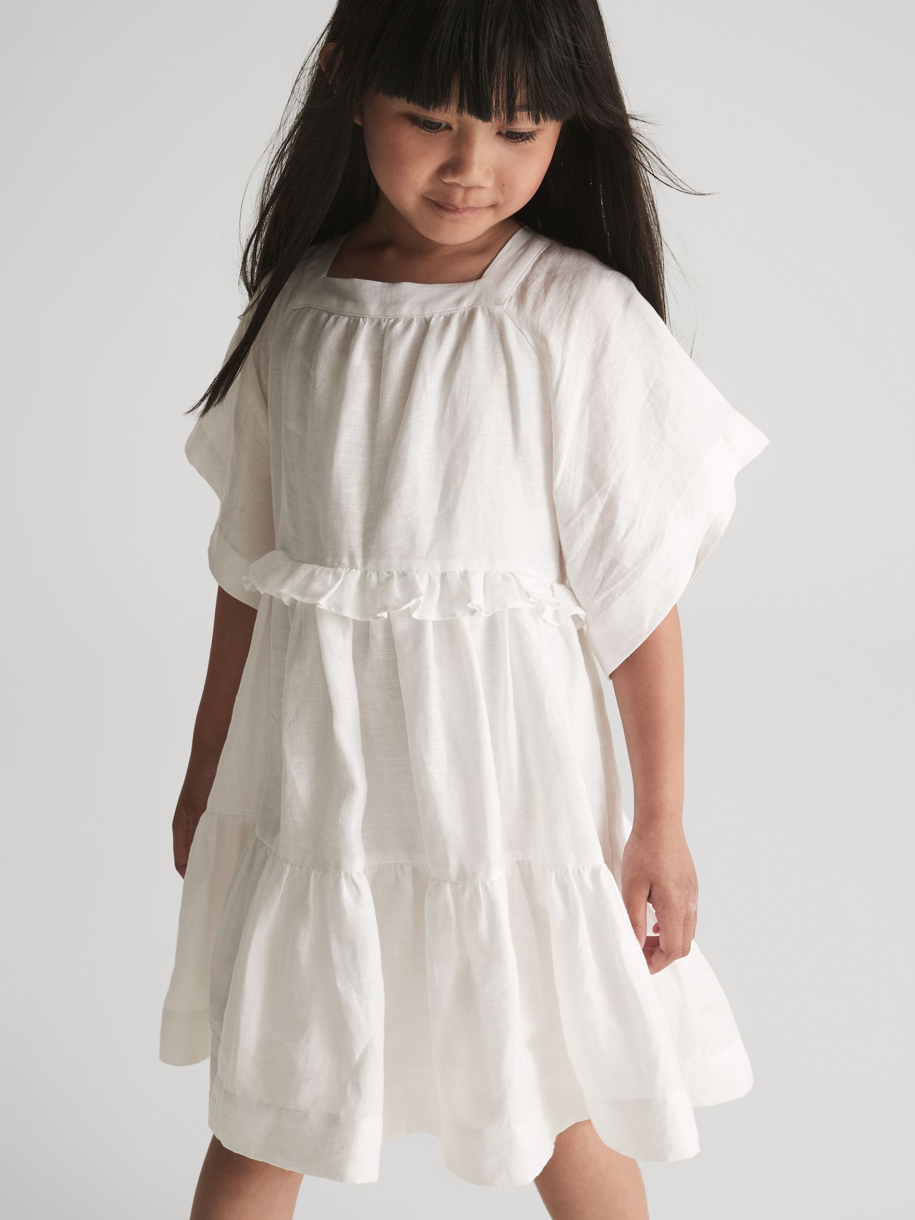Tiered Linen Mini Dress in White - Image 1 of 7